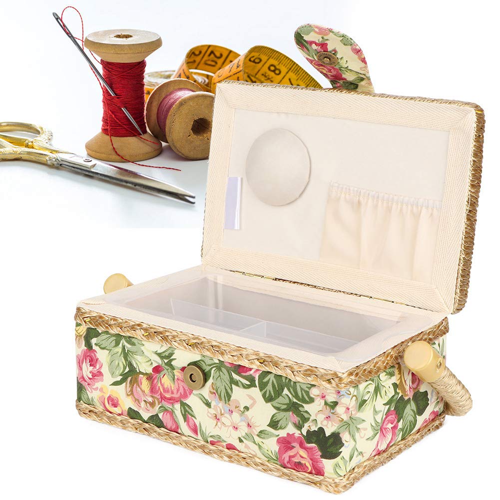 Portable Sewing Basket for Buttons, Scissors & Thread - Household Sewing Kit with Storage Organizer (Pastoral Rose Design) - Perfect for Home, Travel & Craft Projects