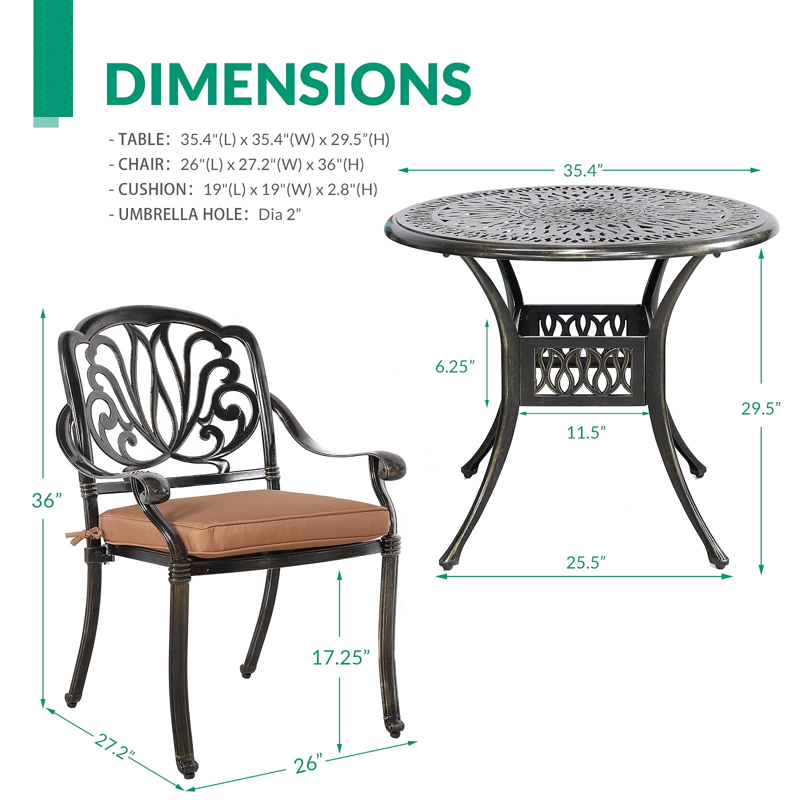 VIVIJASON 5-Piece Outdoor Patio Dining Set - All-Weather Cast Aluminum Conversation Set with 4 Cushioned Chairs & 35.4