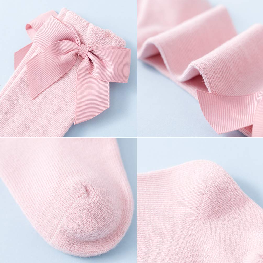 Maorrew 2 Pack Baby Girls Knee High Socks with Bows - Cotton Long Stockings for Infants & Toddlers - Soft Ruffled Uniform Leggings for School, Playtime & Special Occasions