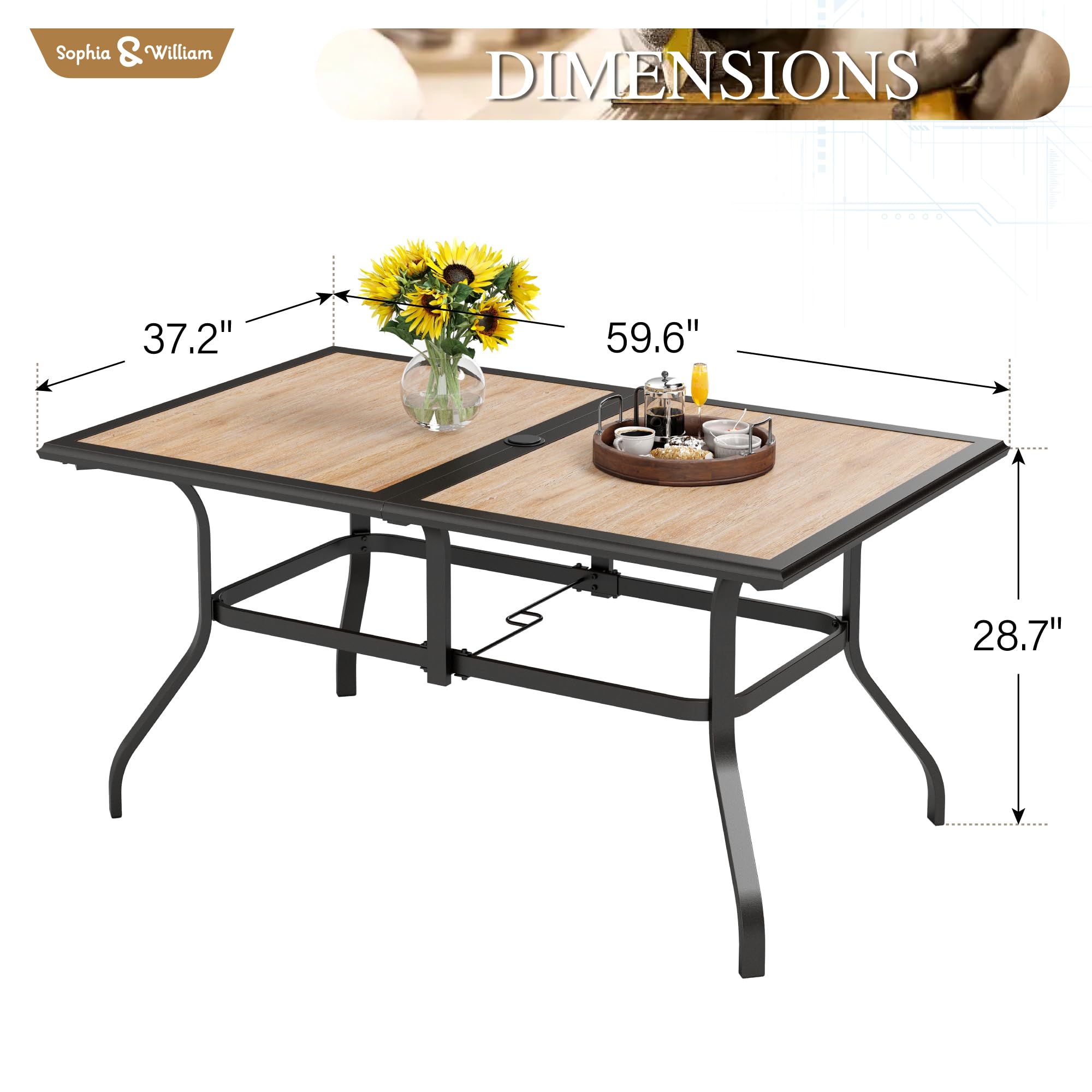 Sophia & William 6-Person Outdoor Dining Table - Rectangular Patio Table with Weather-Resistant Faux Wood Tabletop & Sturdy Steel Frame - Adjustable Umbrella Hole (1.6