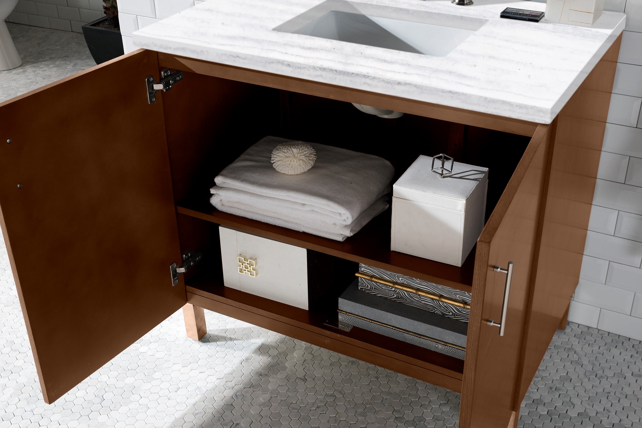 Metropolitan 36 Inch American Walnut Bathroom Vanity with 3CM Arctic Fall Solid Surface Top - Perfect for Modern Master Bathrooms & Powder Rooms