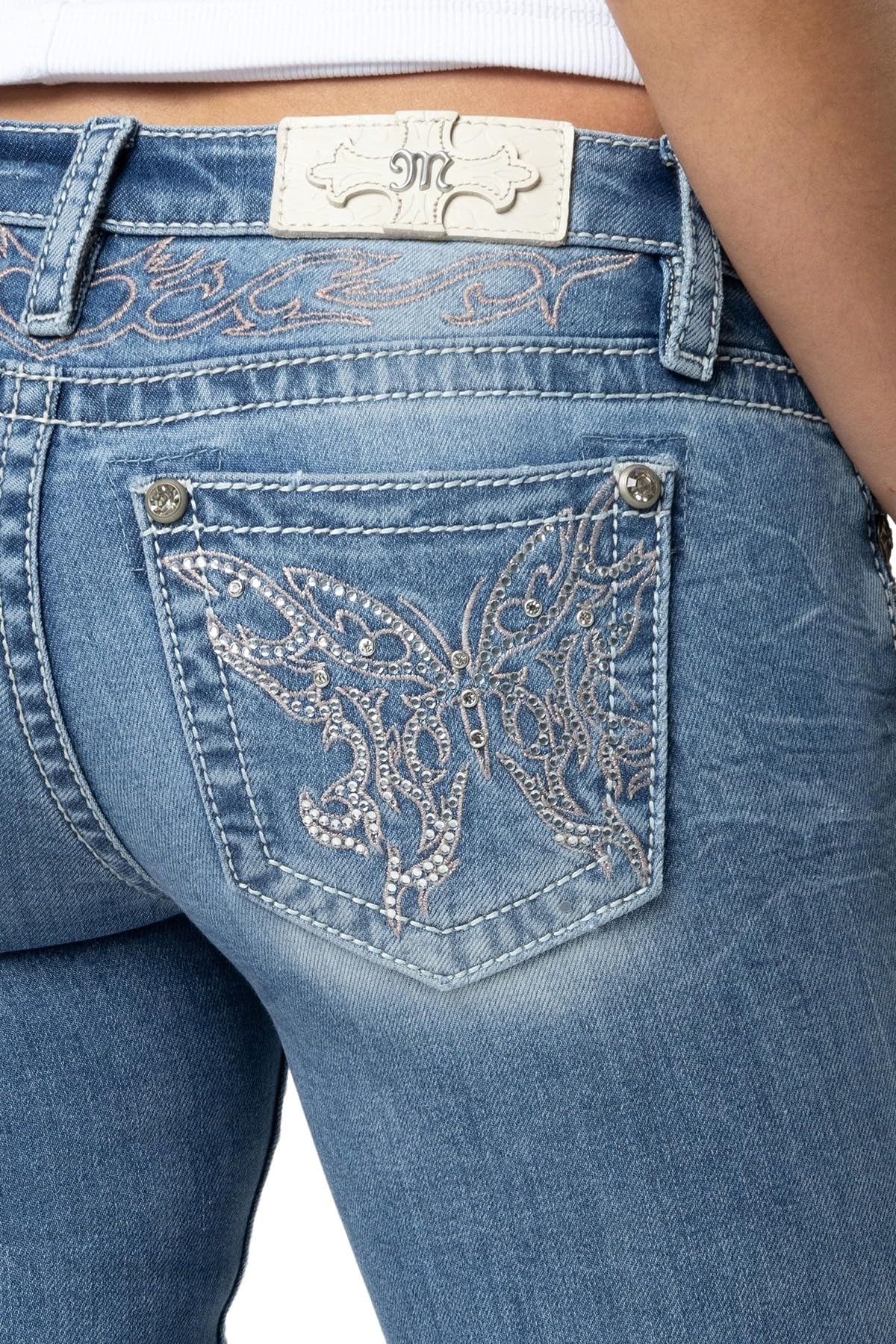 Miss Me Women's Butterfly Stitch Low-Rise Slim Bootcut Jeans - Stylish & Comfortable Denim Pants for Casual Wear, Night Out & Everyday Fashion