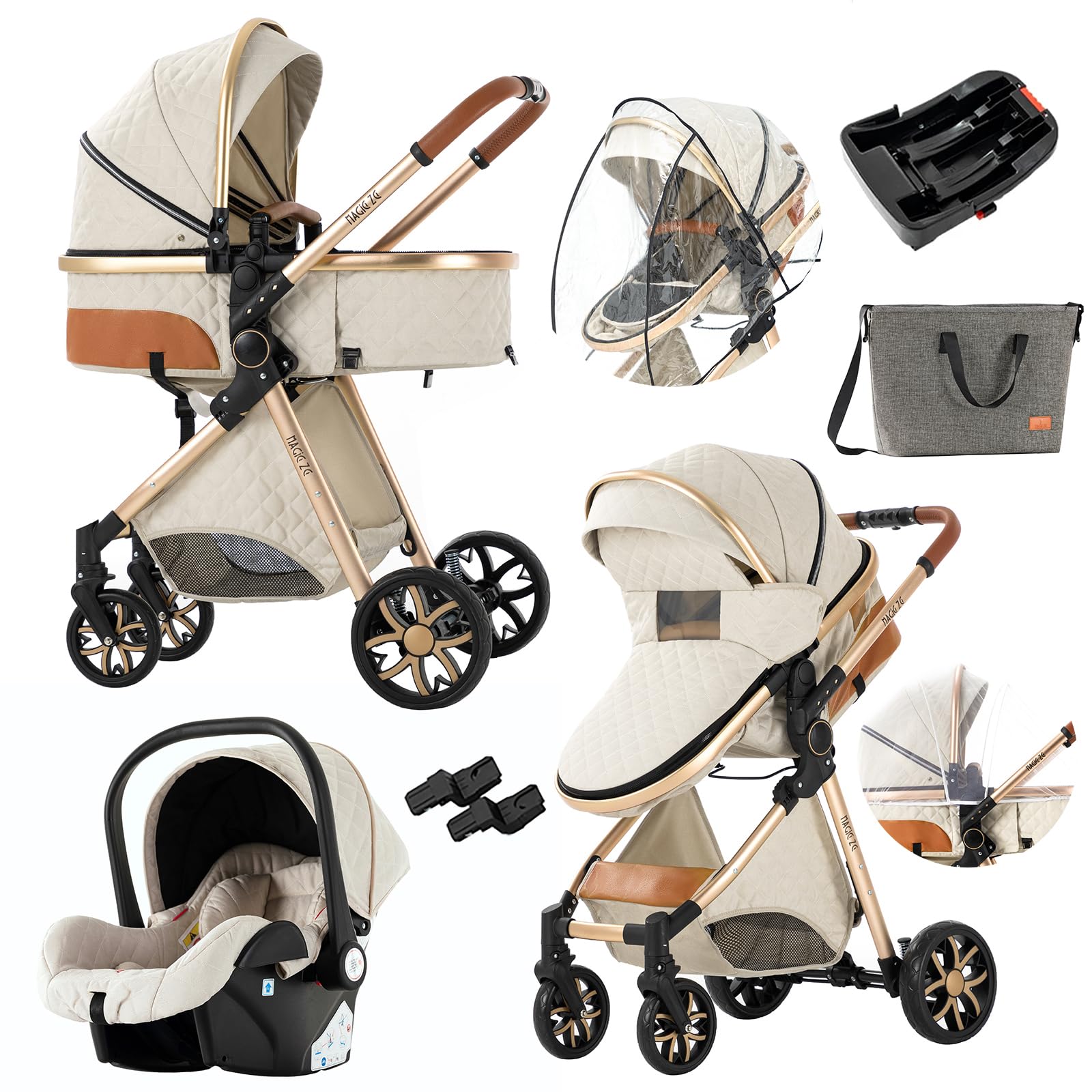 3 in 1 Convertible Baby Stroller Travel System - Reversible Luxury Infant Pushchair with Foldable Design & Car Seat Base | Portable Pram for Newborns to Toddlers | Perfect for City Walks, Shopping & Family Outings (UDV9-WHITE)