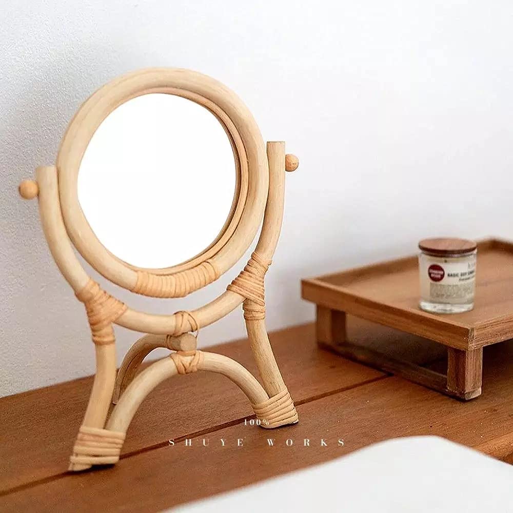 Hand-Woven Rattan Vanity Mirror - Natural Makeup Mirror with Flip Design for Dressing Table | Retro Vertical Standing Mirror for Bedroom, Bathroom & Home Decor