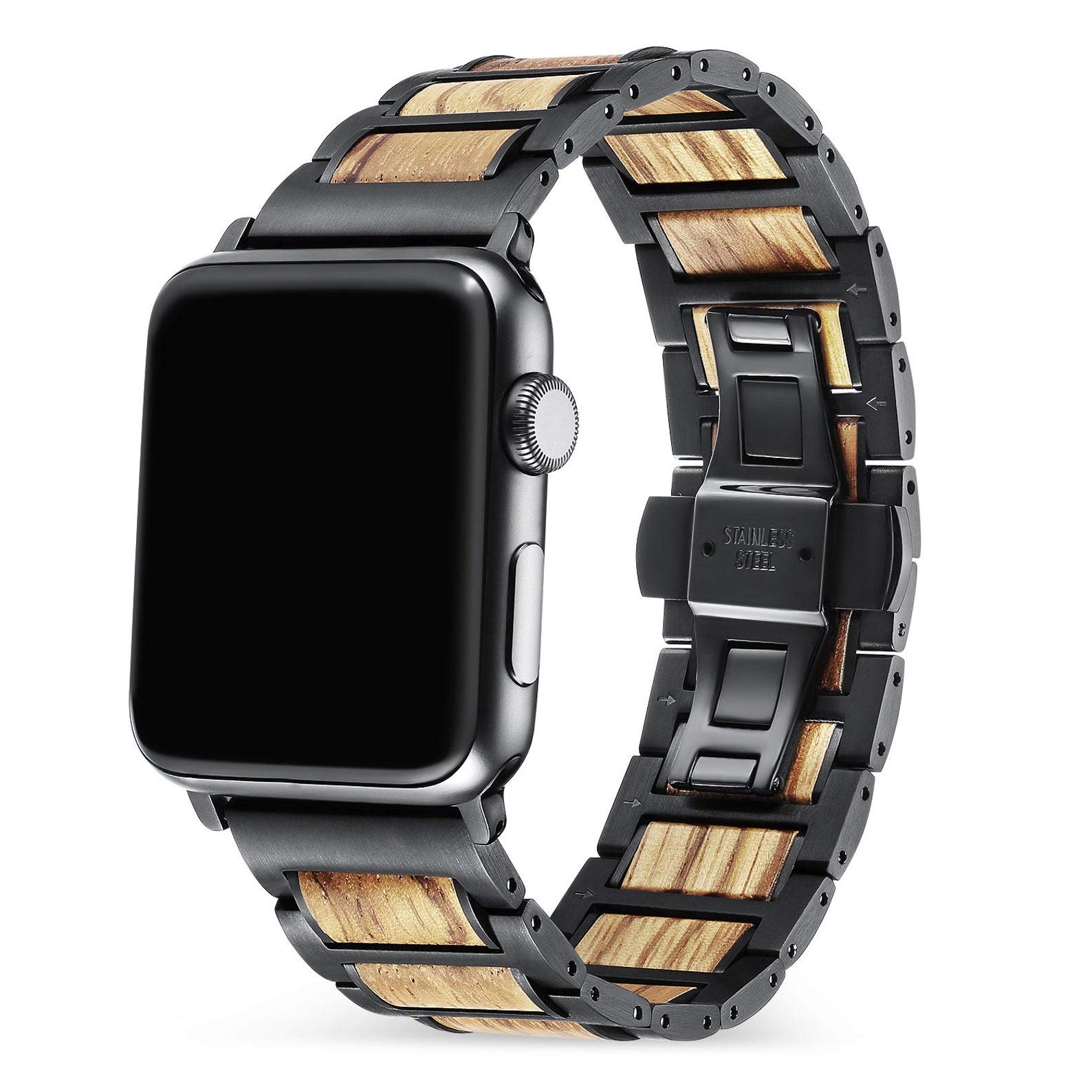 Premium Black Stainless Steel & Zebra Wood Band for Apple Watch 38mm/40mm - Stylish Durable Replacement Strap for Workouts, Office & Everyday Wear