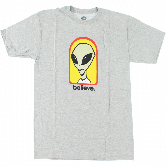 Alien Workshop Believe Graphic T-Shirt - Small Size in Heather Grey, Yellow & Red - Perfect for Skateboarding & Streetwear Fashion