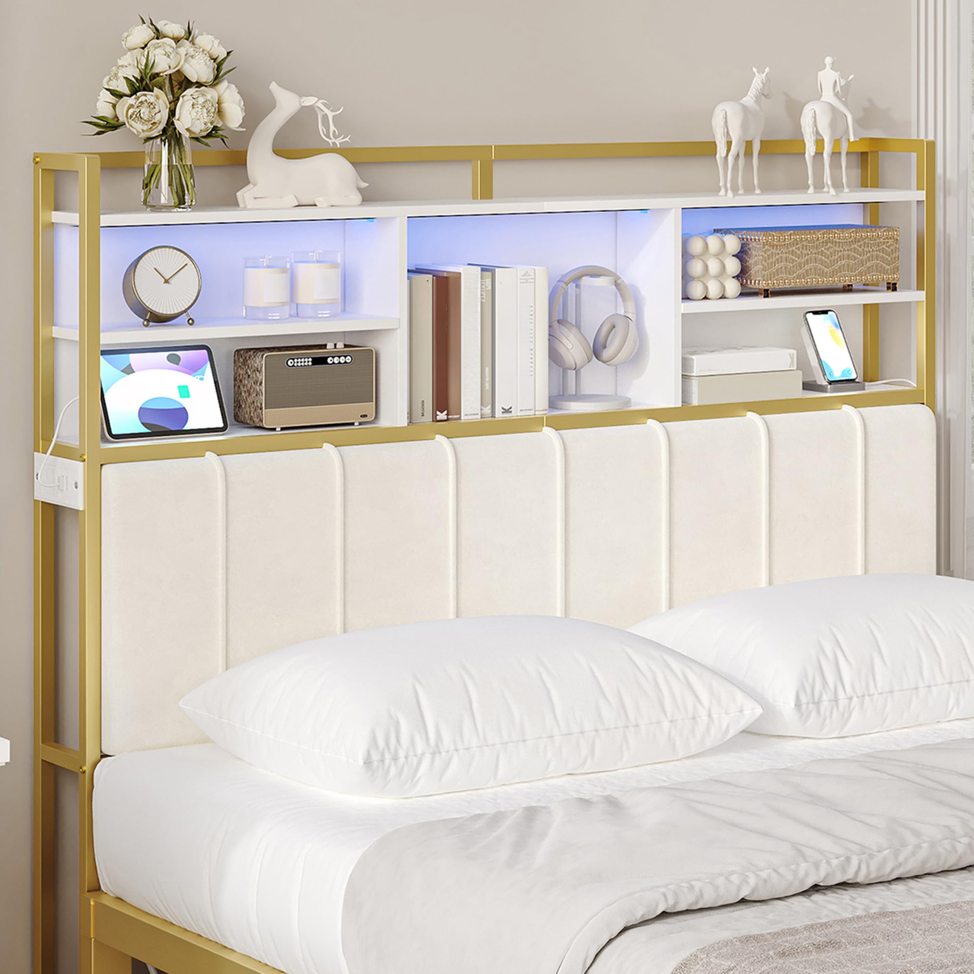 Velvet Upholstered Queen Size Headboard with 3-Tier Storage Shelves, 2 Outlets & USB Ports, LED Light - Soft Backrest in White & Gold (BH15203A) - Perfect for Bedroom Organization & Modern Home Decor