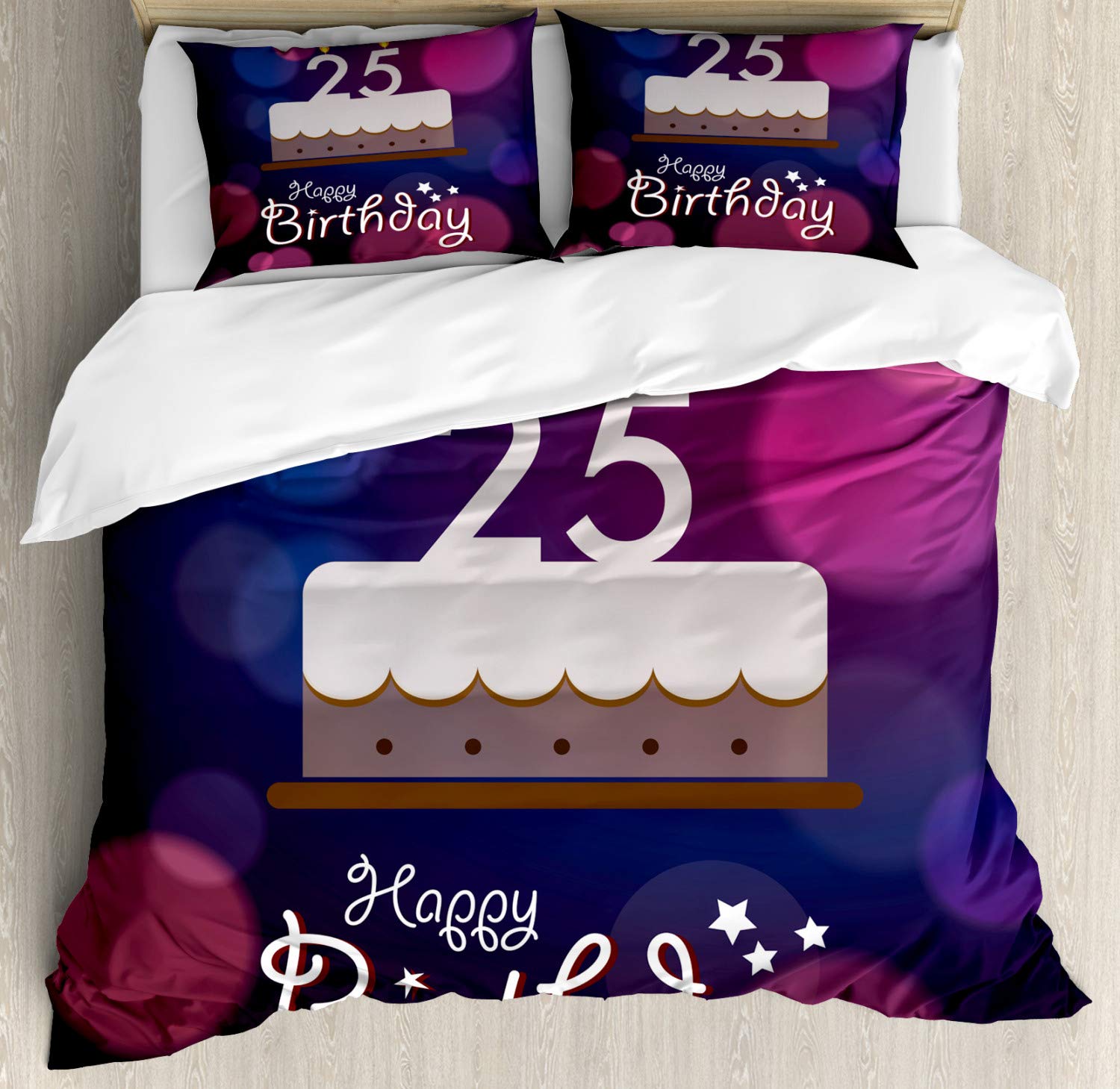 Ambesonne 25th Birthday Duvet Cover Set - King Size 2-Pack with Graphic Cake & Candles Print, Includes 2 Duvet Covers & 4 Pillowcases - Blue Pink White Bedding for Birthday Party Decorations & Gift Ideas