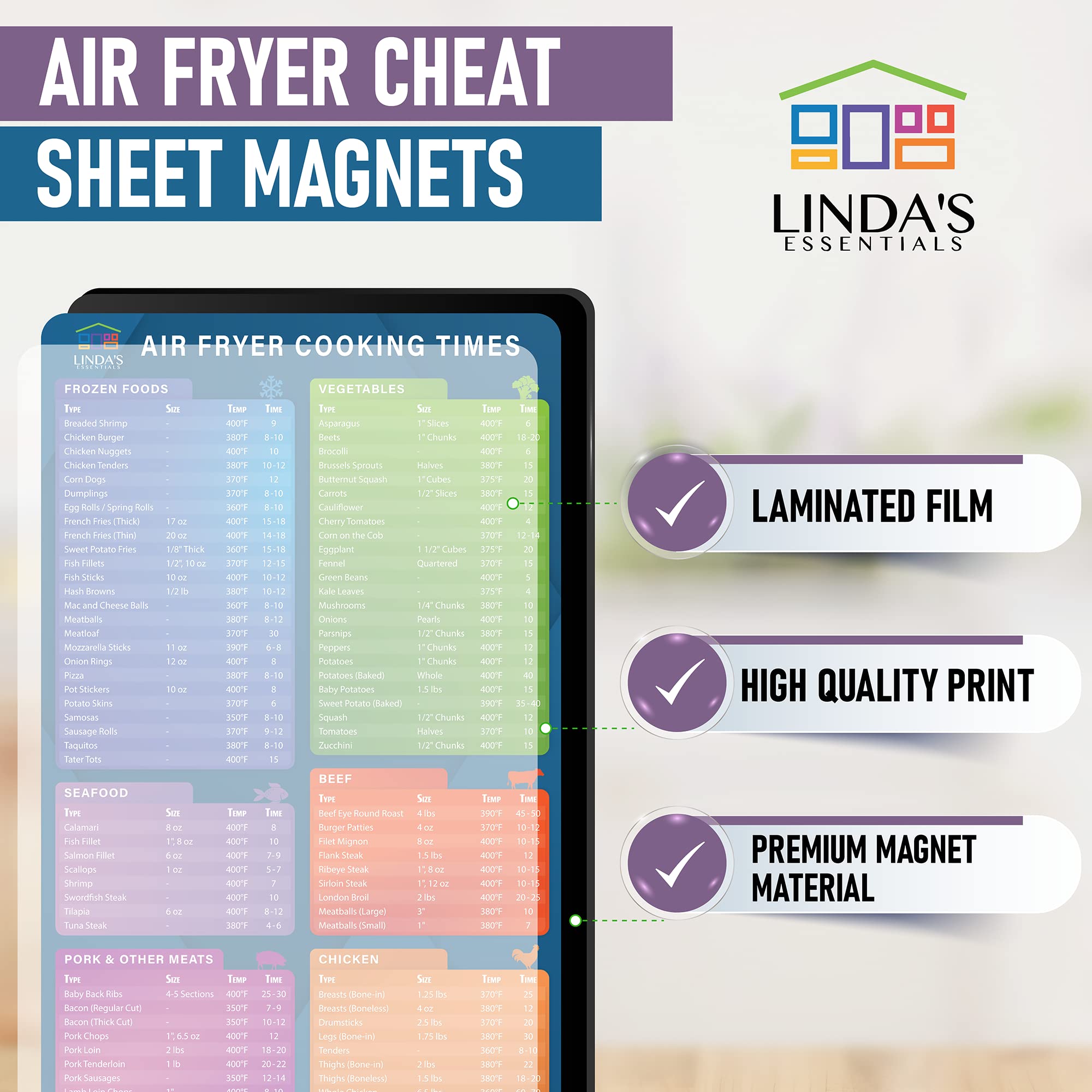 Air Fryer Cheat Sheet Magnets - 3 Pack Magnetic Cooking Guide with Time Chart & Kitchen Conversions - Perfect for Air Fryer Liners, Frying & Baking - Ideal for Quick Reference in Kitchen & Meal Prep
