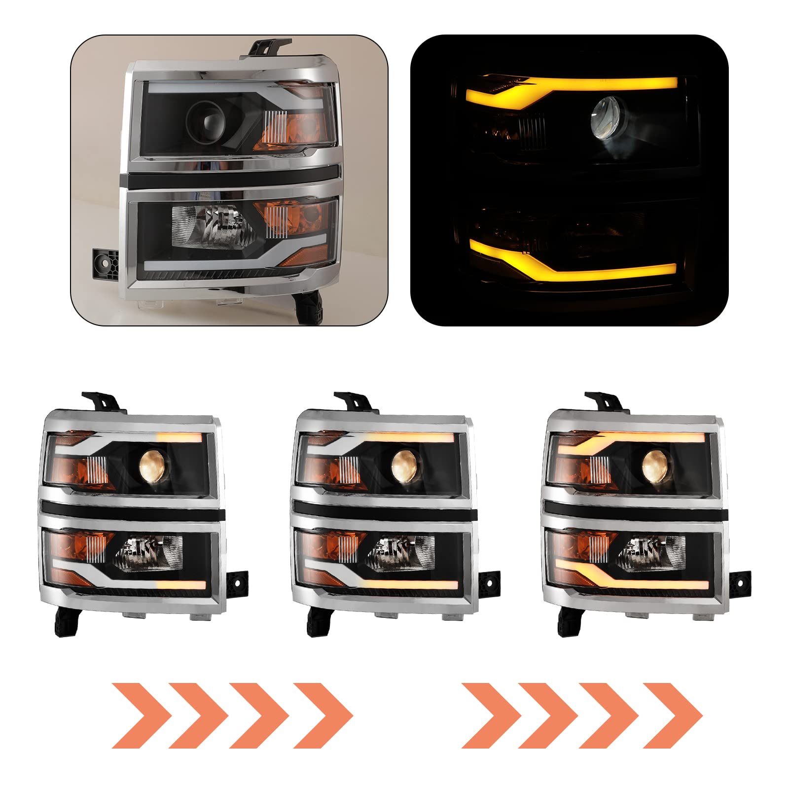ROXX LED Sequential Turn Signal Headlight Assembly for 2014-2015 Chevy Silverado 1500 Pickup Truck - Chrome Clear Projector Headlights Pair Set (Driver & Passenger Side) - Upgrade for Enhanced Visibility & Style on Night Driving & Off-Road Adventures