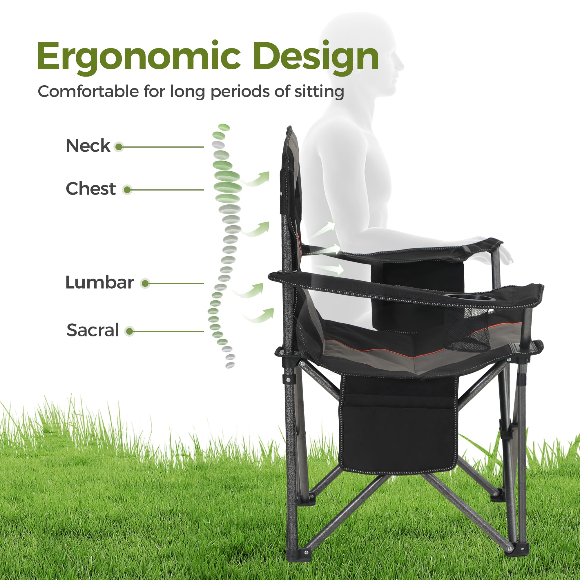 ALPHA CAMP Heavy Duty Oversized Camping Chair - 450 LBS Capacity Steel Frame Folding Chair with Padded Armrests, Cup Holder & Lumbar Support - Portable Collapsible Outdoor Chair for Camping, Beach, Backyard, Picnics & Tailgating