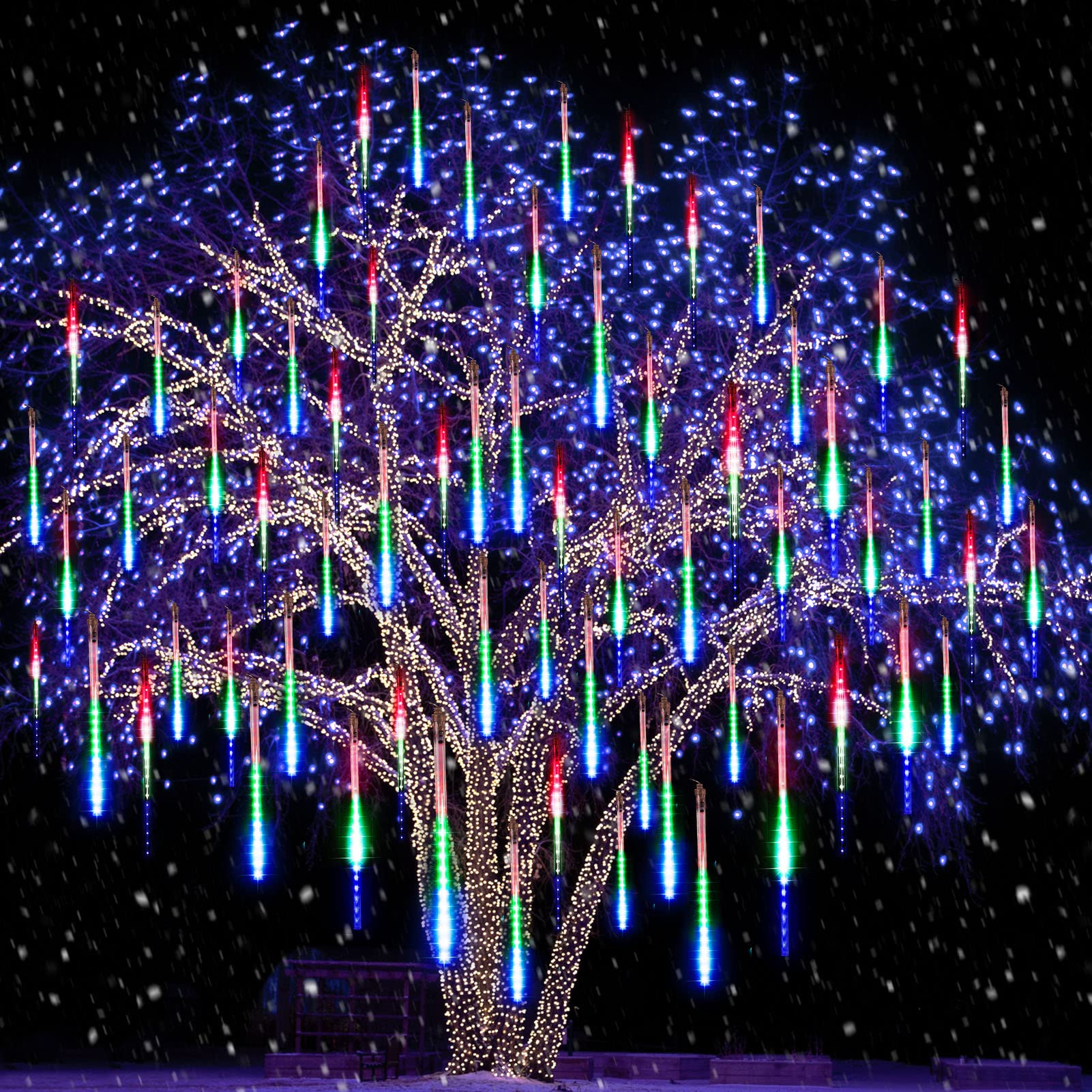 Minetom 240 LED Meteor Shower Christmas Lights Outdoor - 11.8 Inch 10 Tubes Connectable Dropping Icicle Lights for Holiday Decorations, Tree, Bushes, Yard & Roof (Multicolor) | Perfect for Christmas, New Year, Winter Wedding & Party Decor