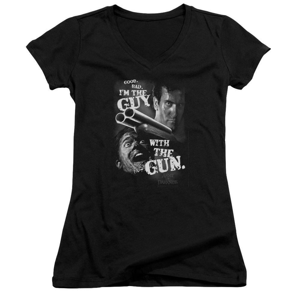 Army of Darkness Gun Guy Graphic Juniors' Fitted V-Neck T-Shirt | Vintage Horror Movie Tee for Casual Wear & Cosplay