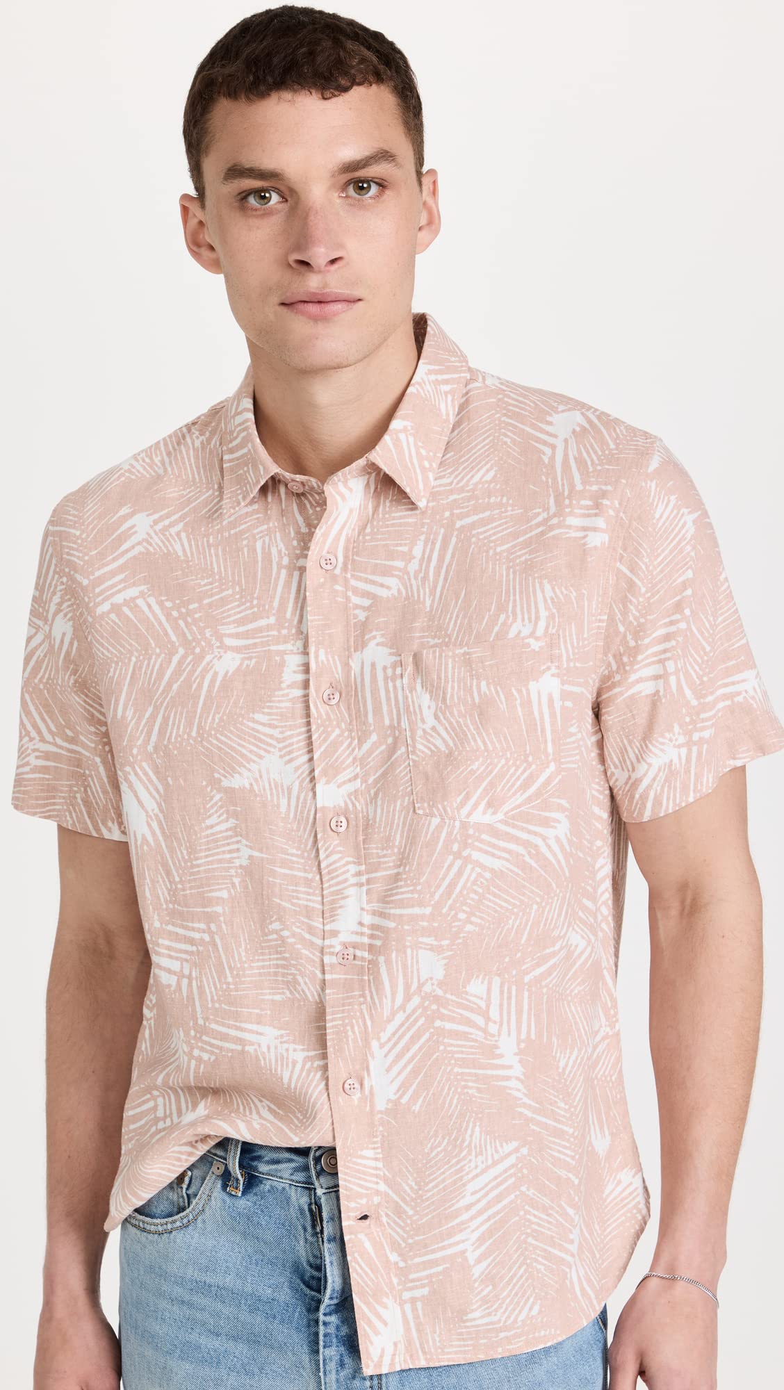 Vince Palm Print Short Sleeve Shirt for Women - Tropical Vacation & Summer Casual Wear - Lightweight Breathable Comfort for Beach, Pool, and Outdoor Activities