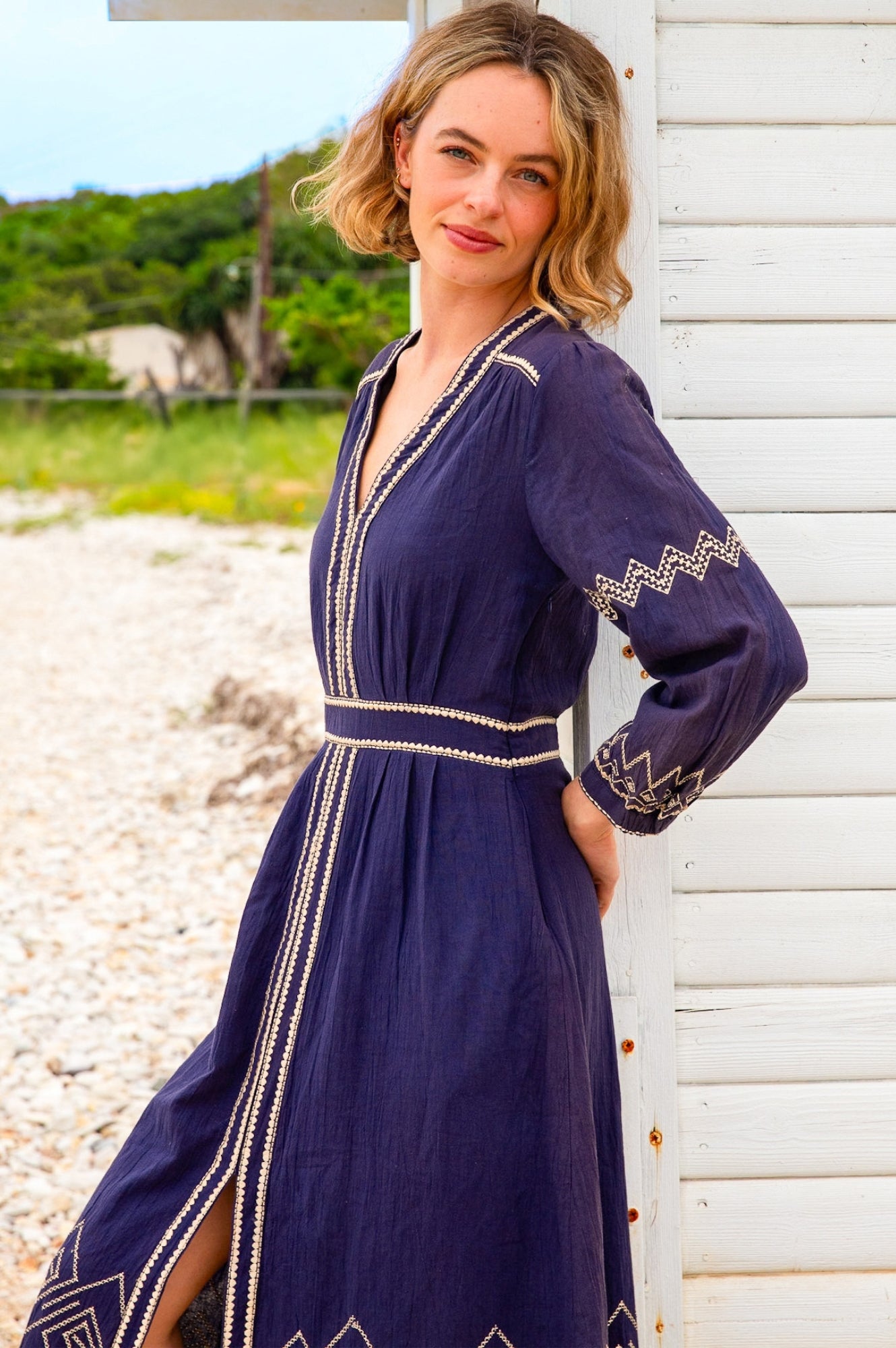 Jamila Embroidered Dress for Women - Navy Blue & Gold Floral Maxi Dress | Elegant Boho Chic Dress for Weddings, Parties & Special Occasions