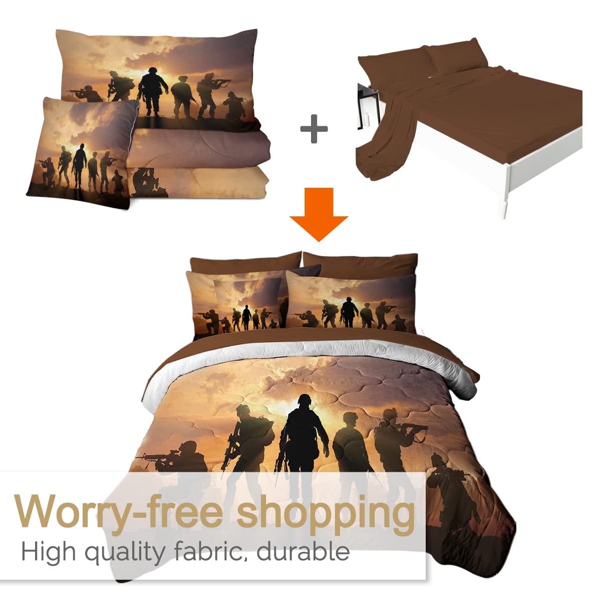 BlessLiving Soldier Comforter Set - 8 Piece Military Themed King Size Bedding Set with Comforter, Sheets, Pillowcases, Shams & Cushion Cover (Orange & Grey) - Perfect for Army Enthusiasts, Military Decor, and War Movie Themed Bedrooms