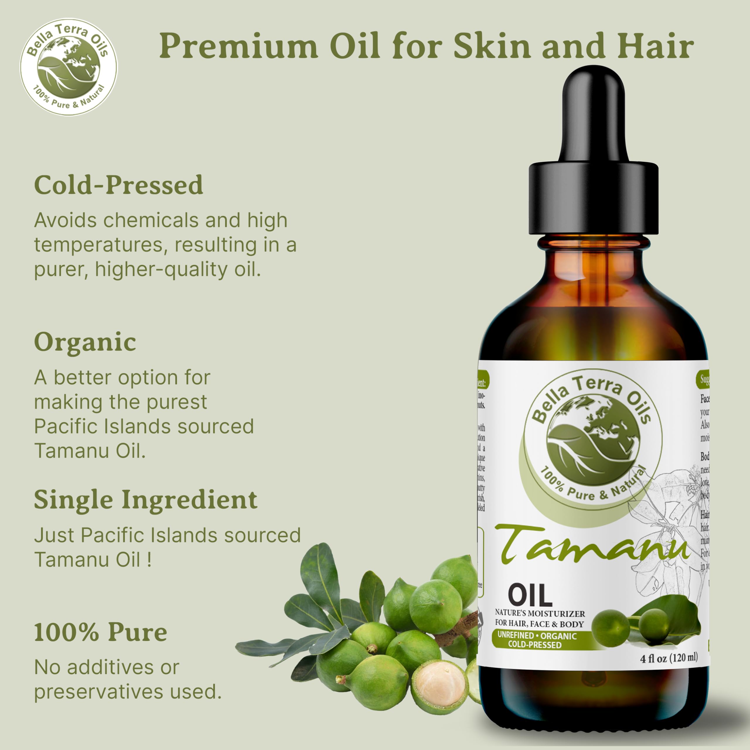 Organic Tamanu Oil 16oz by Bella Terra - 100% Pure Cold-Pressed for Radiant Skin & Hair - Rich in Nutrients & Vitamins - Perfect for Skincare, Hair Care & Natural Remedies