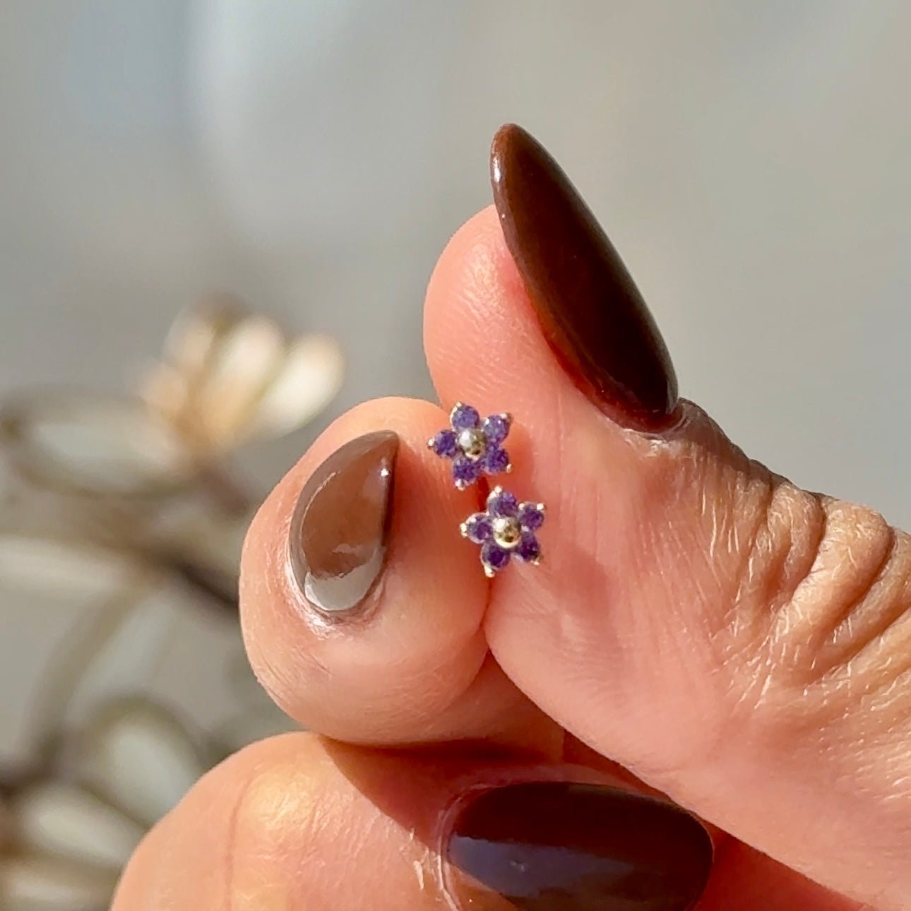14K Yellow Gold Amethyst Flower Stud Earrings – Dainty Floral Jewelry for Women, Perfect for Everyday Wear & Special Occasions
