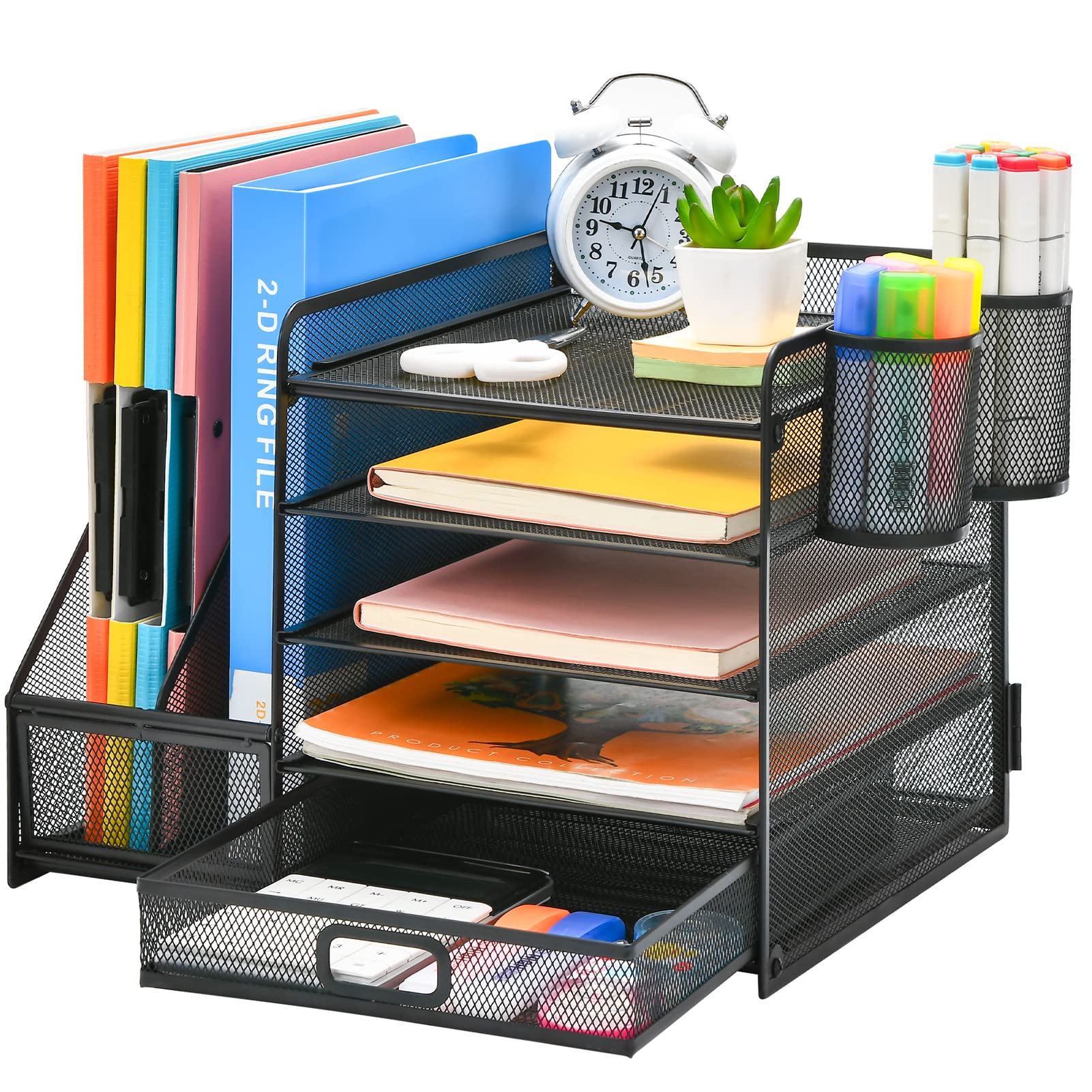 5-Tier Mesh Desk Organizer with File Holder, Drawer & Pen Holders - Black Office Storage Solution for Paper, Magazines & Supplies | Perfect for Home Office & Workspace Organization