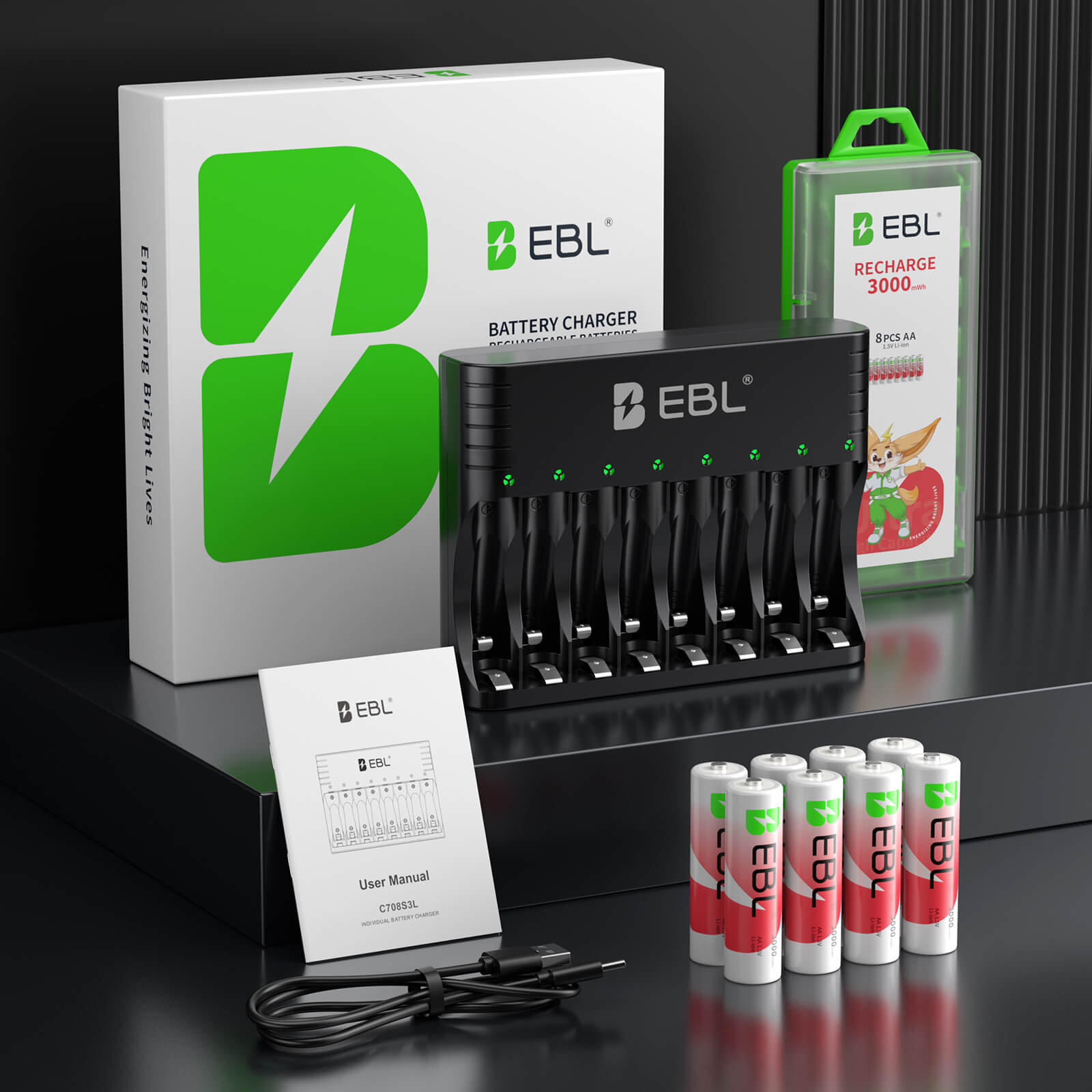 EBL Rechargeable Lithium AA Batteries 8-Pack with Universal USB Charger - High Capacity 3000mWh Long-Lasting Power for Cameras, Flashlights, Toys and Electronics - Eco-Friendly Alternative to Alkaline Batteries