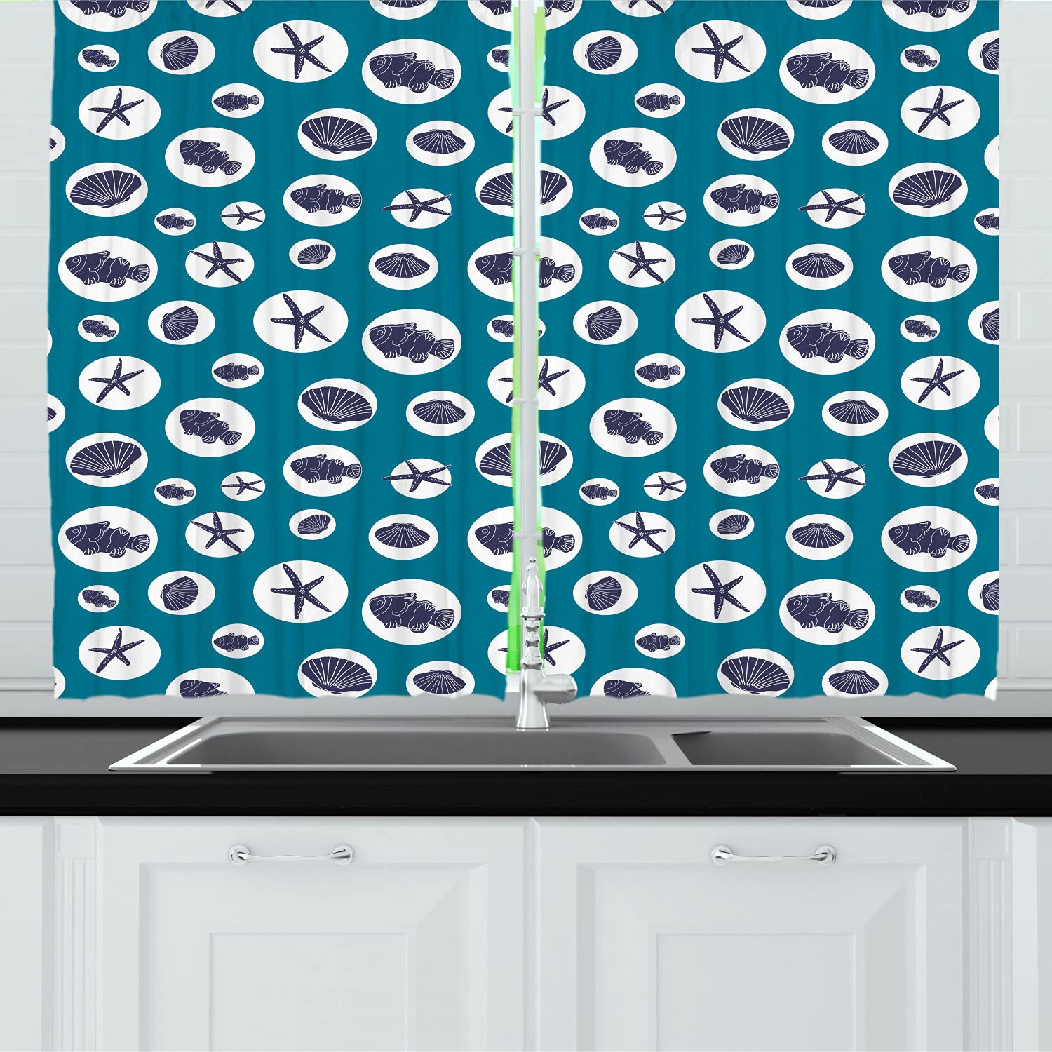 Ambesonne Coastal Kitchen Curtains - Monochrome Seashell, Starfish & Bubble Design, 55