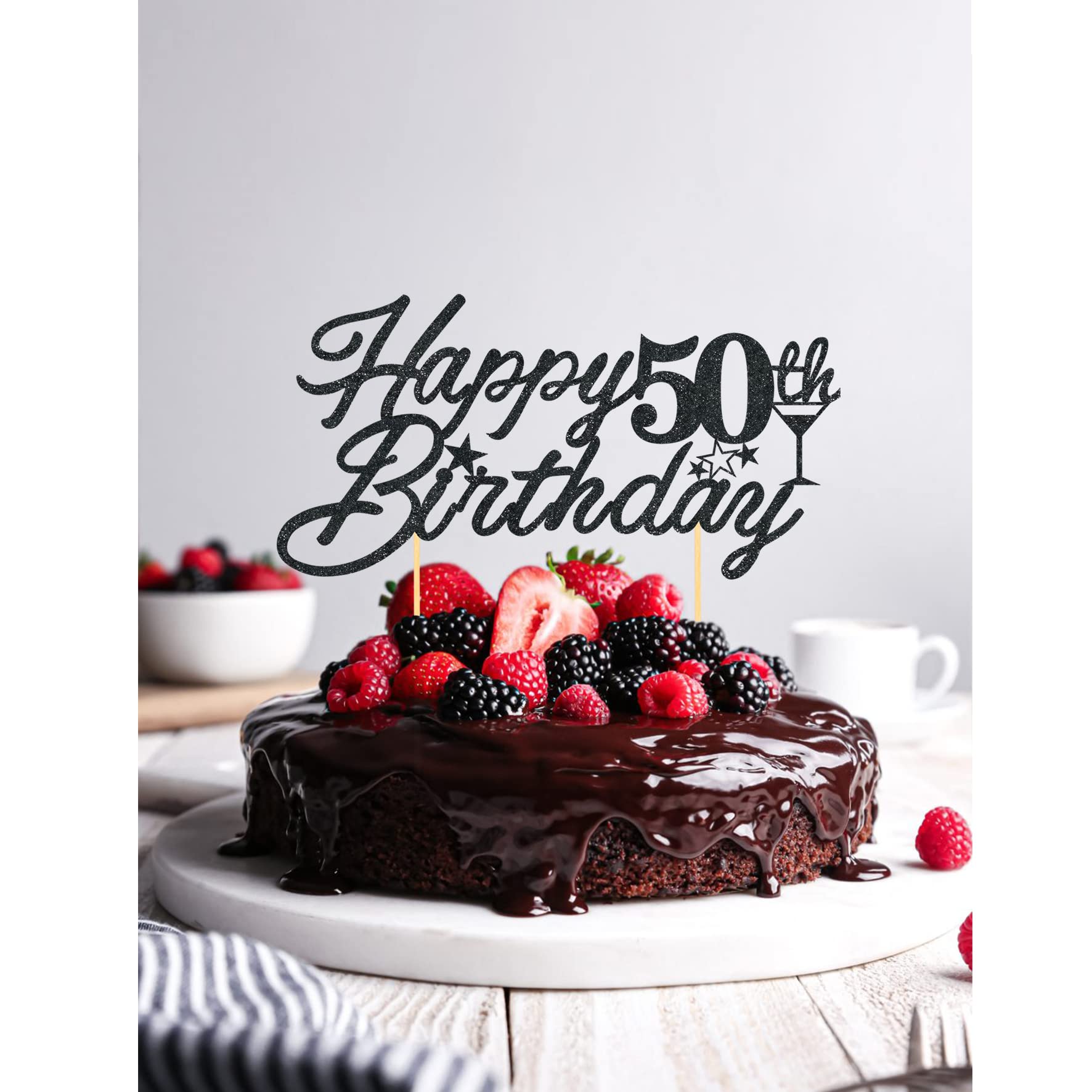 50th Birthday Cake Topper - Black Glitter Happy 50th Birthday Decorations for Anniversary & Celebration Parties (6 Inch) - Perfect for Milestone Birthday Cakes, Retirement Parties & Golden Anniversary Decor