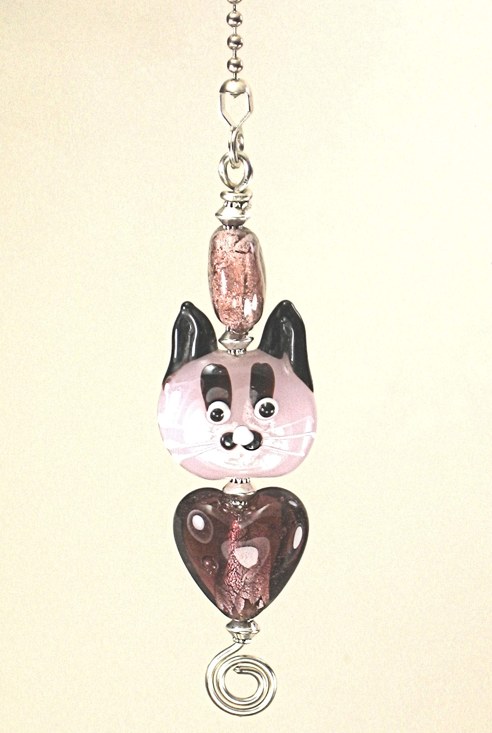 Lavender Purple Cat Face Heart Glass Ceiling Fan Pull Chain - Handmade Lampwork Bead for Home Decor, Bedroom, Living Room, Nursery & Gifts