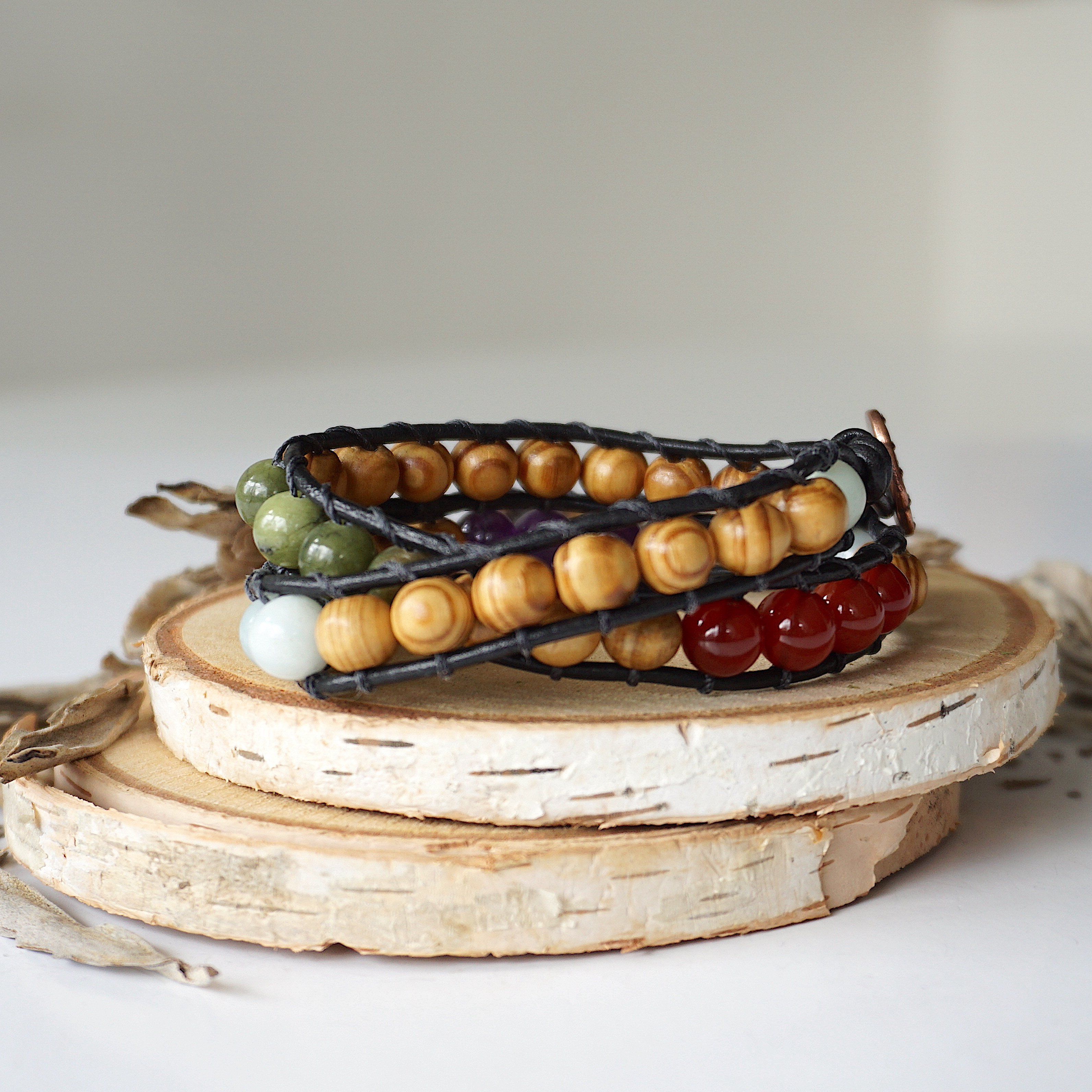 Stylish Mixed Crystal Wrap Bracelet with Natural Olive Wood Beads - Perfect for Boho Fashion, Yoga Accessories & Spiritual Healing Jewelry