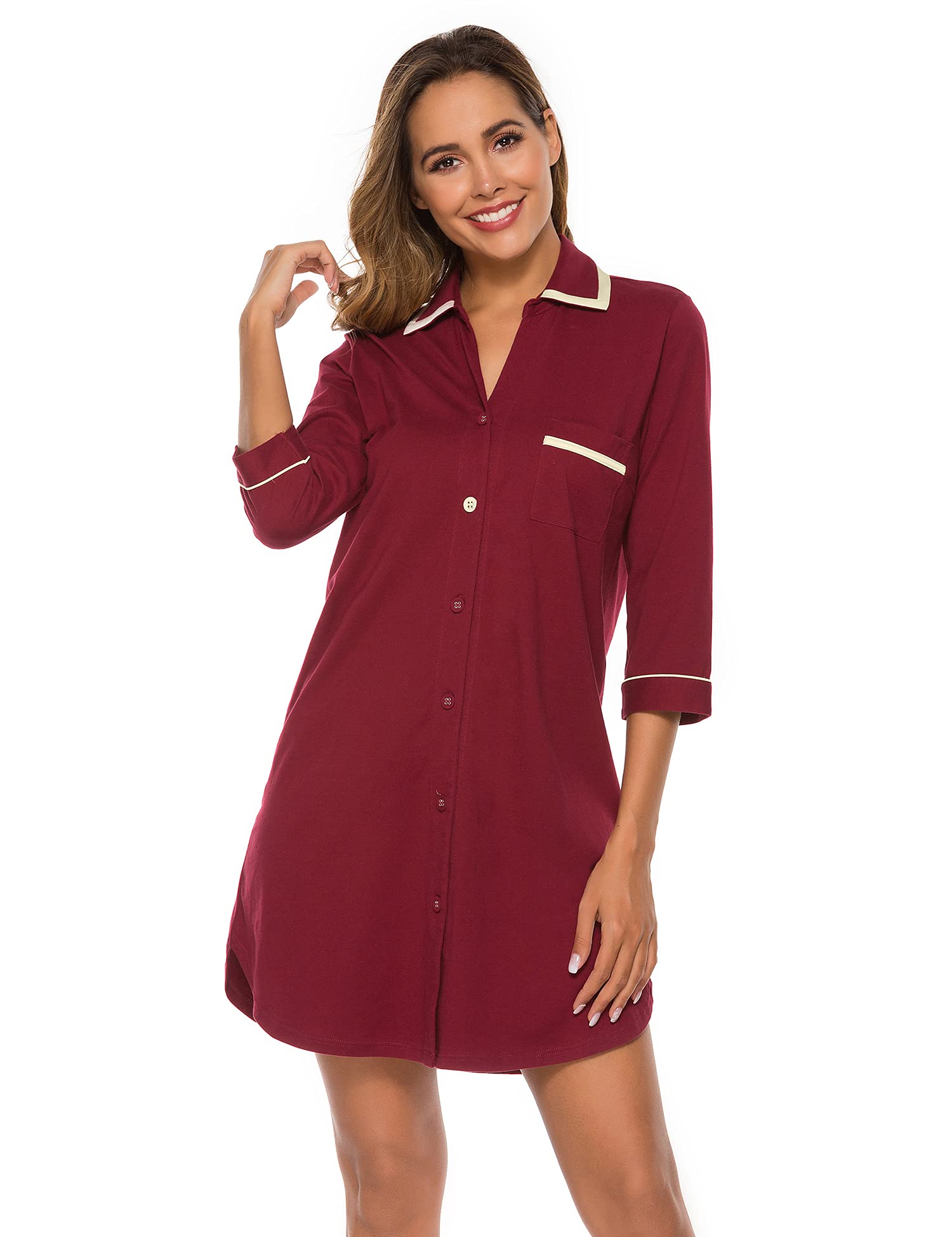 COLORFULLEAF Women's 100% Cotton 3/4 Sleeve Button Down Nightgown - Soft Sleepwear Night Dress Sizes S-XXL - Perfect for Comfortable Sleep & Lounge Wear