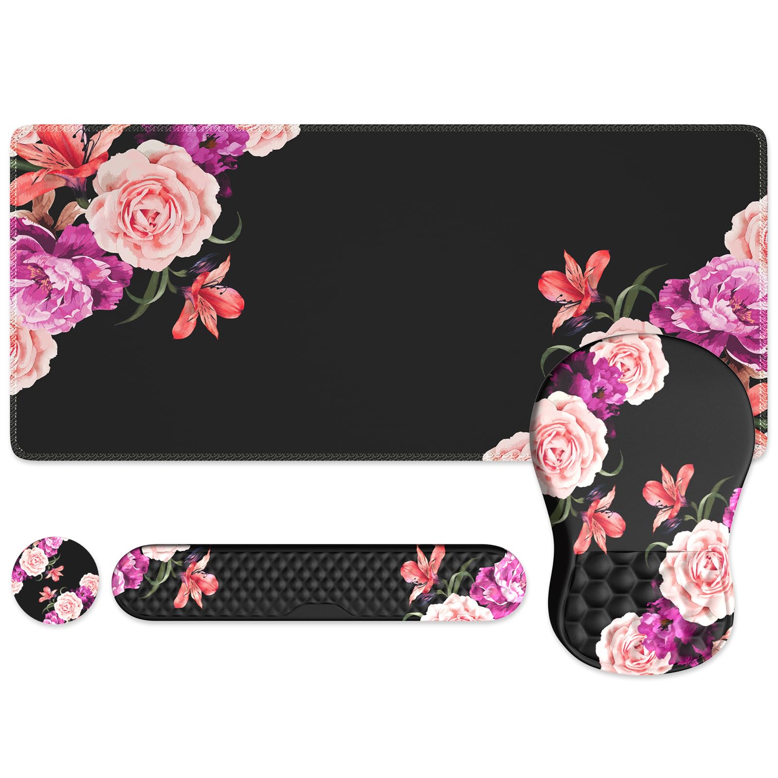 iLeadon 4-in-1 Ergonomic Mouse Pad Set with Memory Foam - Desk Mat, Wrist Rest Mouse Pad, Keyboard Wrist Rest & Coaster - Peony Flower Design for Home Office & Gaming Comfort (Great for Typing, Computer Work & Wrist Pain Relief)