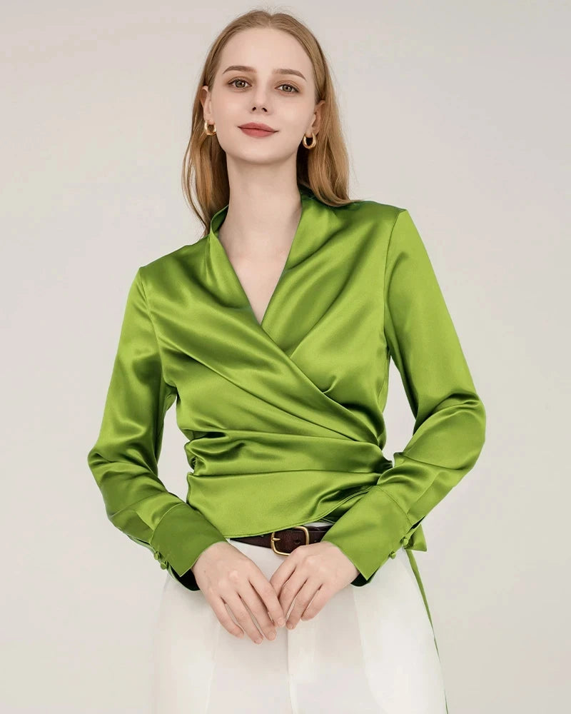 Elegant Fitted Silk Wrap Blouse for Women - Soft & Luxurious Long Sleeve Shirt - Perfect for Office, Date Night & Special Occasions