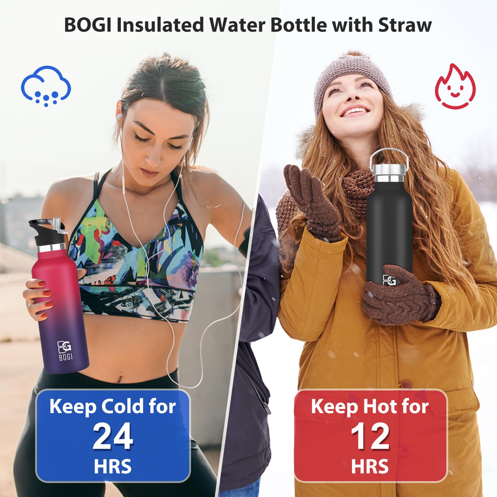 BOGI 20oz Insulated Stainless Steel Water Bottle 2 Pack - Leakproof Wide Mouth Metal Bottle with Straw & Handle, BPA Free - Perfect for School, Gym, Hiking, Camping & Outdoor Activities