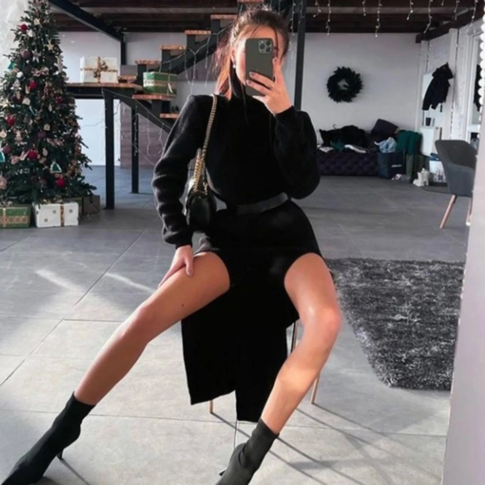 Elegant Women's Long Sleeve Turtleneck Knit Sweater Dress with High Slit - Soft Woolen Bodycon Dress for Party, Date Night & Winter Fashion