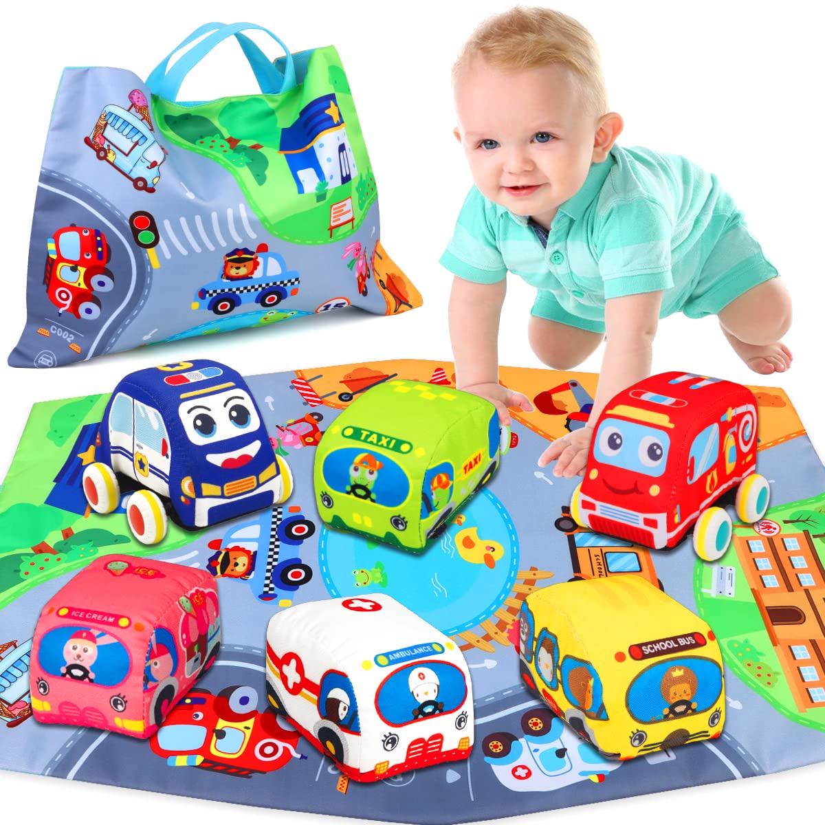 Soft Baby Car Toys for 6-18 Months - Interactive Infant Toys for 1-2 Year Old Boys & Girls with Playmat & Storage Bag | First Birthday Gifts | Perfect for Crawling, Sensory Play & Early Learning Development