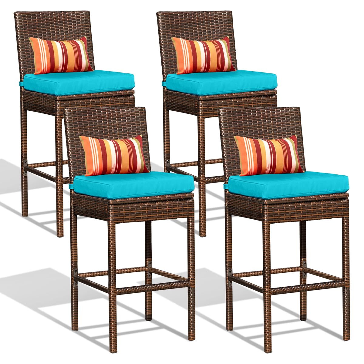 Sundale Outdoor Wicker Bar Stool Set of 4 - 30 Inch Counter Height Patio Stools with Backrest, Rattan Woven Tall Chairs with Blue Cushions & Pillows - Steel Frame, Brown - Perfect for Backyard, Poolside, and Outdoor Dining Areas