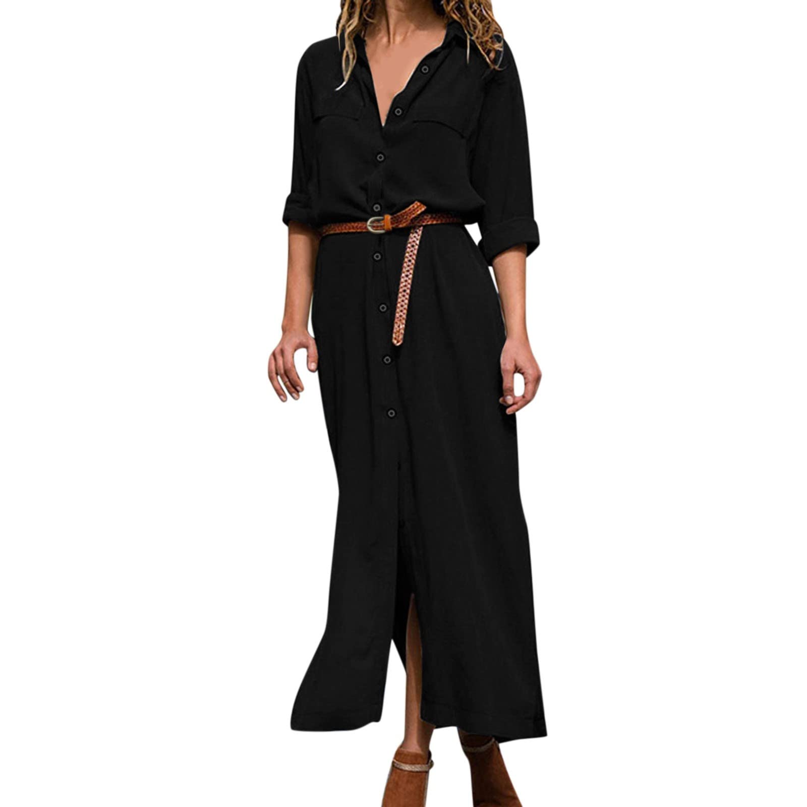 Women's Casual Button-Down Shirt Dress - Long Sleeve Lapel Midi Dress with Solid Color | Perfect for Office Wear, Date Night & Spring Outfits