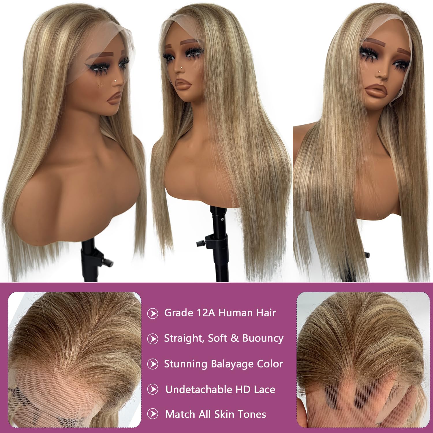 Ubetta 13x6 Lace Front Wigs Human Hair - Ash Brown to Ash Blonde Balayage Highlights, 18 Inch Glueless HD Lace Frontal Wig with Pre-Plucked Hairline, 180% Density for Black Women | Perfect for Daily Wear, Special Occasions & Protective Styling