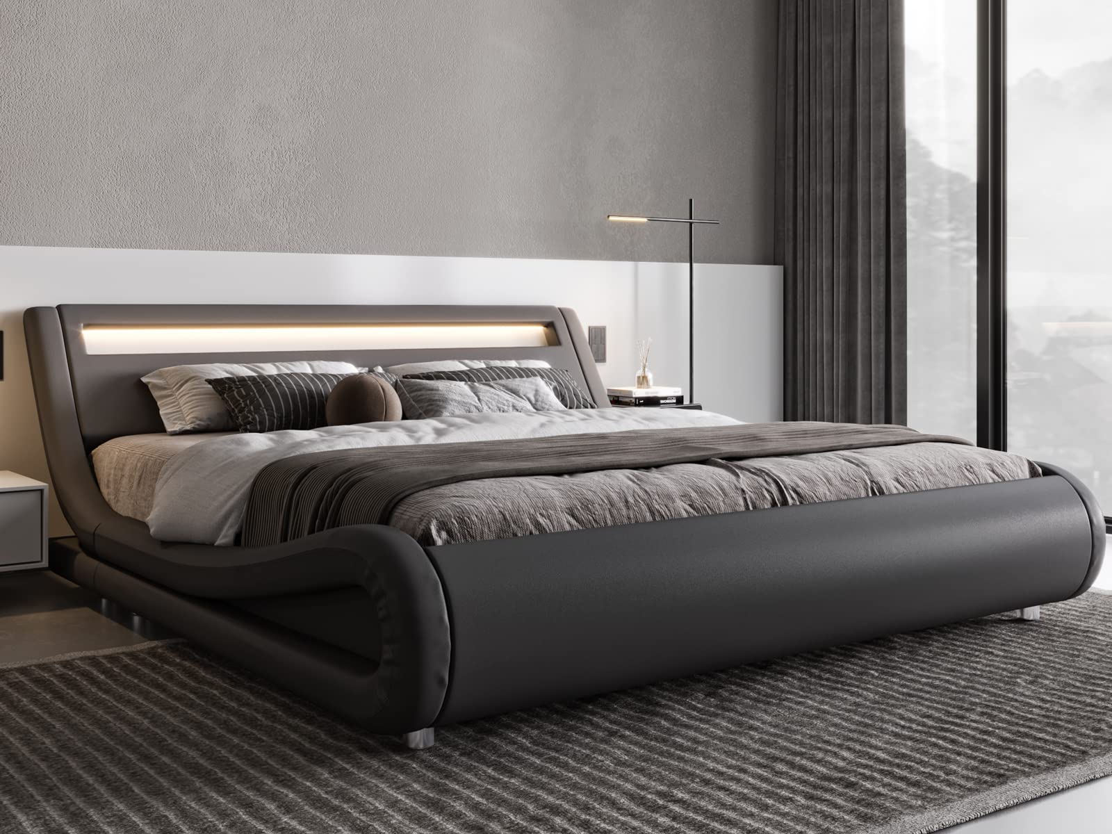 Allewie Queen Size LED Platform Bed Frame with Adjustable Headboard - No Box Spring Needed - Easy Assembly - Faux Leather Upholstered in Grey - Modern Bedroom Furniture for Home & Apartment