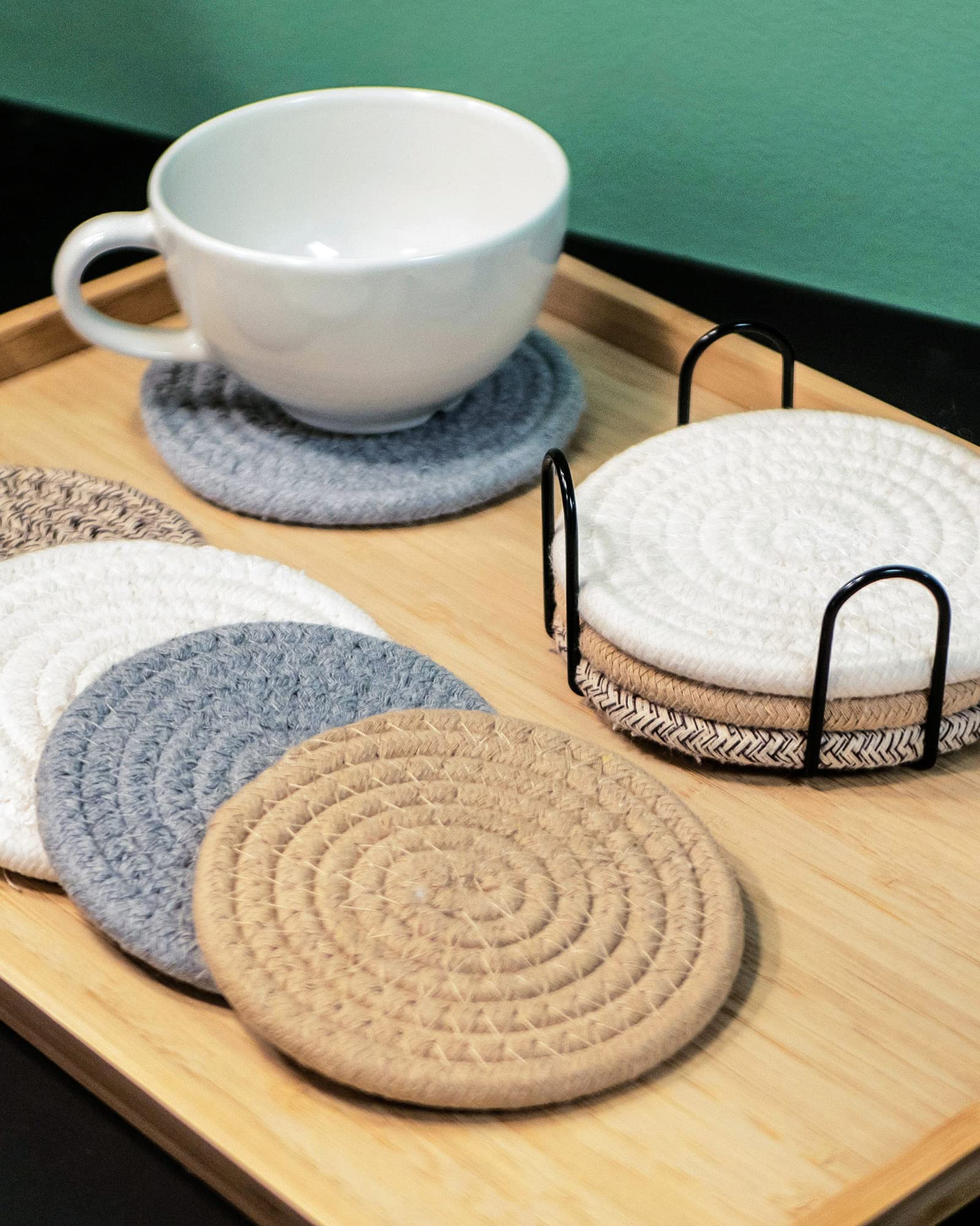 6-Pack Absorbent Drink Coasters Set with Holder - Heat-Resistant for Coffee, Tea & Cold Beverages - Perfect for Coffee Tables, Kitchen Countertops & Boho Christmas Decorations - Ideal Home & Bar Accessories