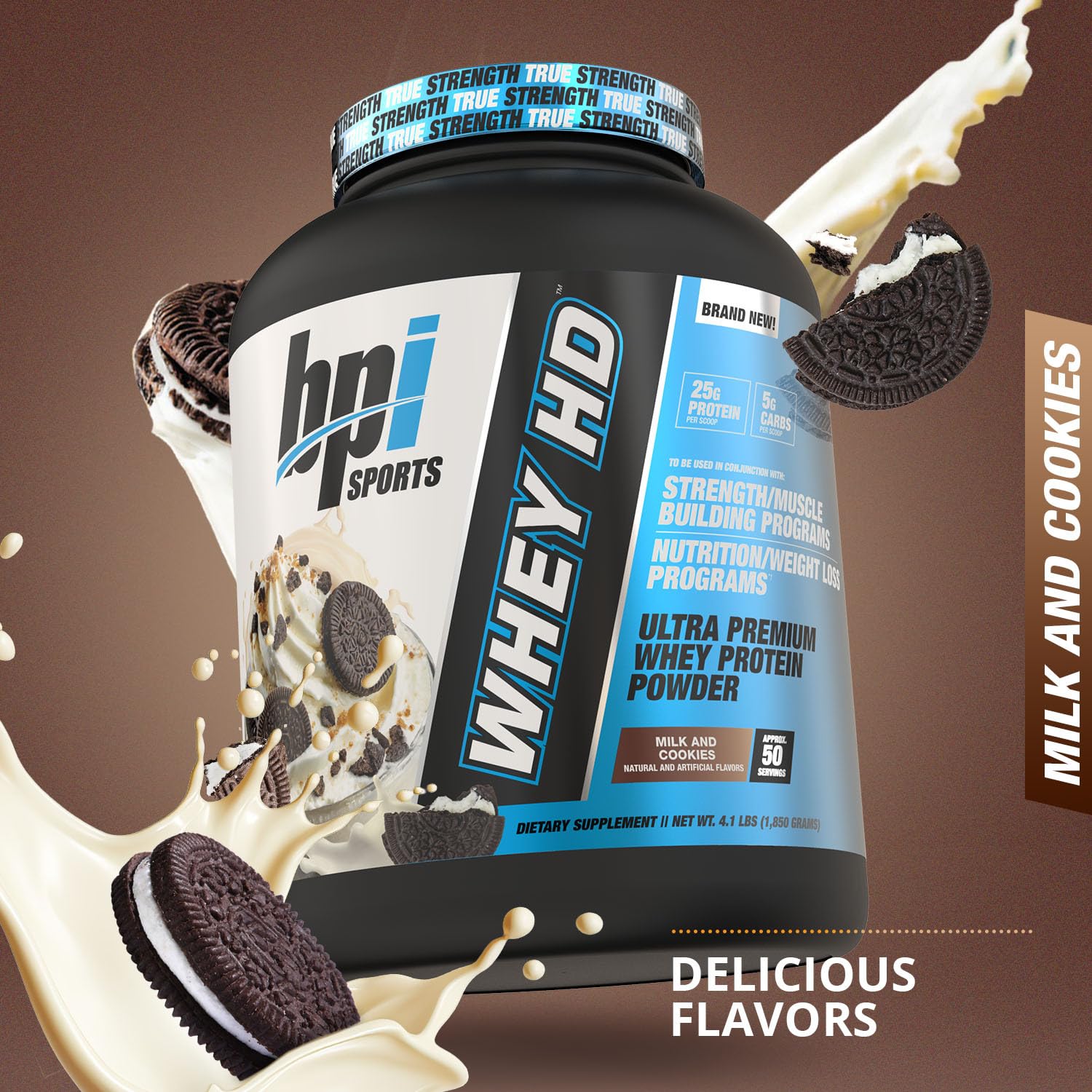 BPI Sports Whey HD Ultra Premium Protein Powder - Milk and Cookies Flavor, 4.1lb (1.86kg) for Muscle Recovery & Post-Workout Nutrition | Gym Supplement for Athletes & Fitness Enthusiasts
