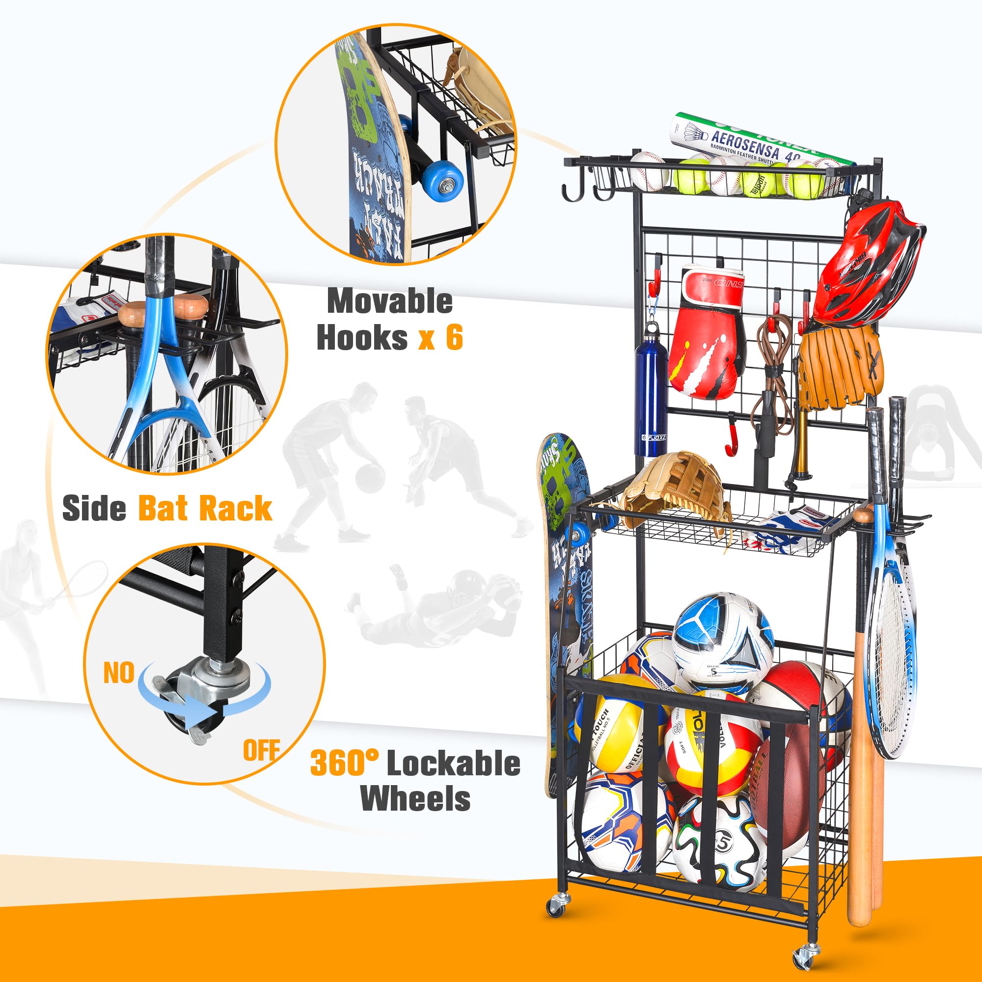 PLKOW Steel Ball Storage Rack - Heavy Duty Garage Organizer for Sports Equipment, Toys & Gear - Space Saving Black Storage Solution for Basketballs, Soccer Balls, Footballs & More - Perfect for Garage, Basement & Playroom Organization