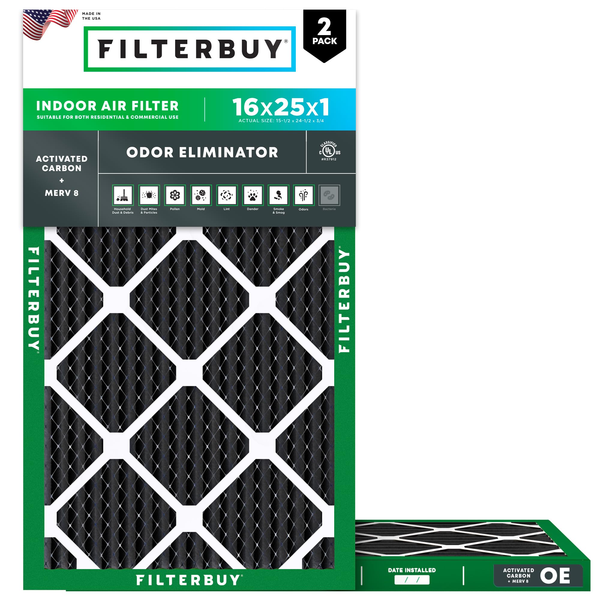 Filterbuy 16x25x1 MERV 8 Air Filter with Activated Carbon - 2 Pack Odor Eliminator for HVAC, AC, Furnace (15.5x24.5x0.75 Inches) - Perfect for Home, Office & Allergies Relief