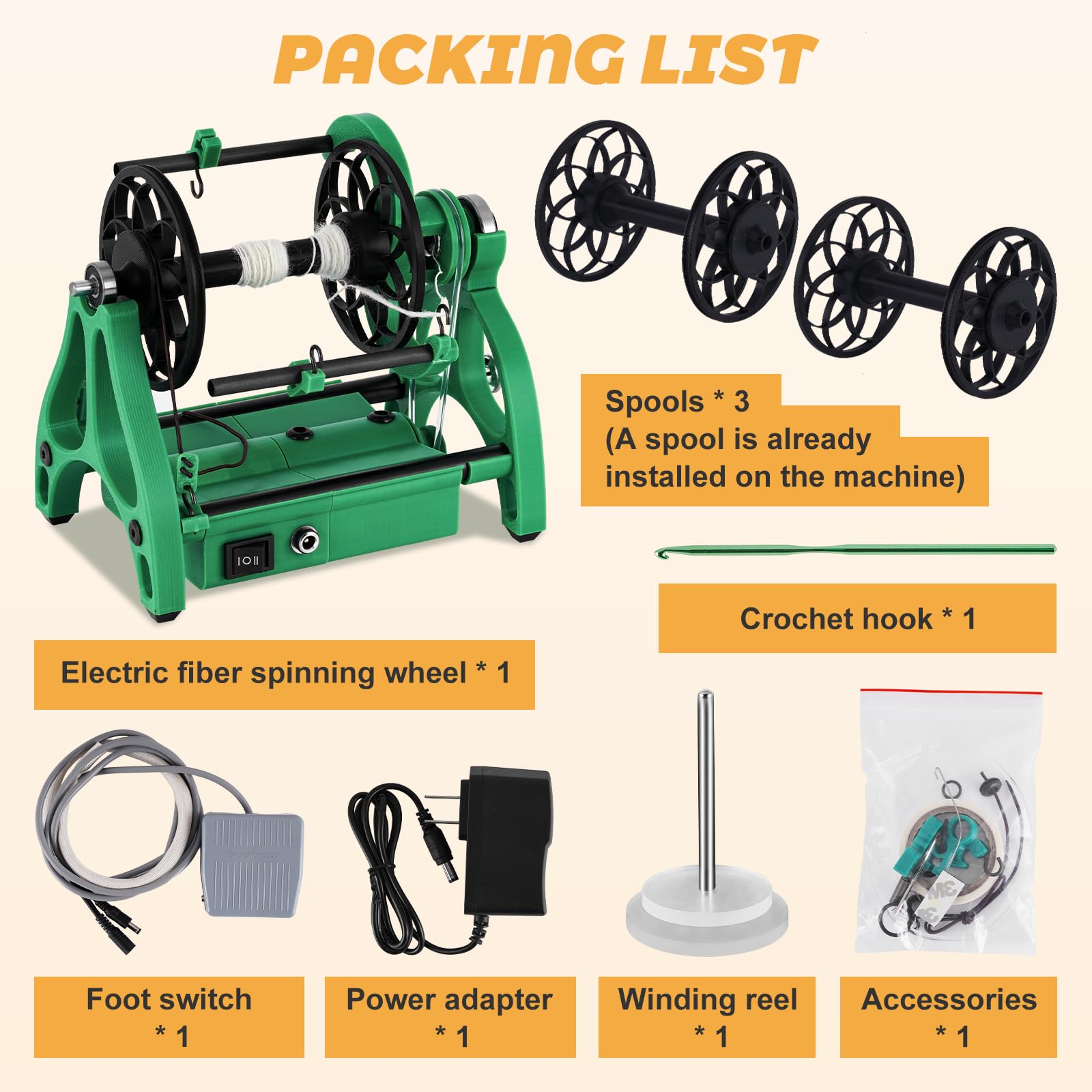 Consfly Electric Fiber Spinning Wheel - Yarn Spinning Machine with Foot Switch & 3 Spools, 12V DC Wool Spinning Wheel for Knitting, DIY Yarn Making - Perfect for Home Crafting, Wool Processing & Handmade Textile Projects
