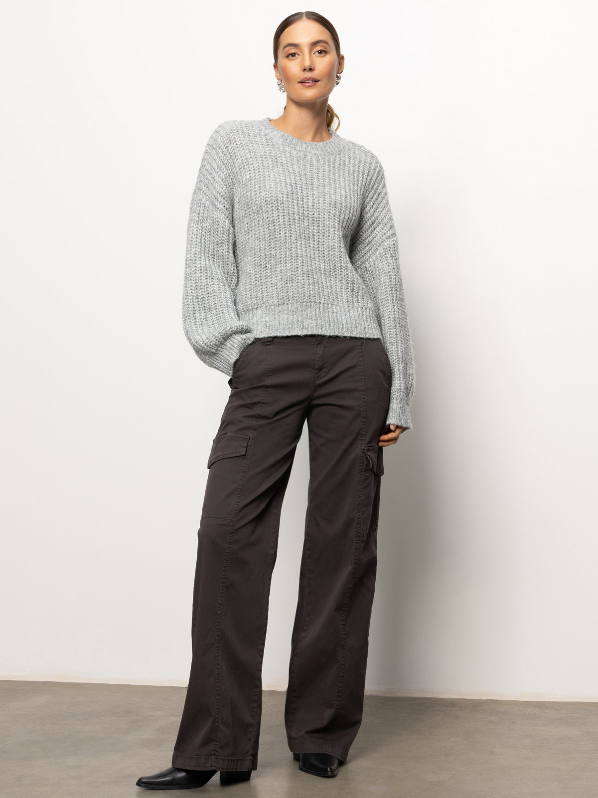 Cozy Fuzzy Volume Sleeve Sweater - Heather Grey | Warm Winter Knit Pullover for Women | Perfect for Casual Outings & Coffee Dates