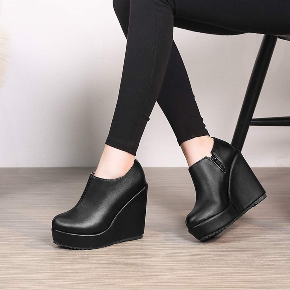 GIY Women's Round Toe High Heel Ankle Boots - PU Leather Wedge Platform Boots with Side Zipper for Winter, Casual & Dressy Outfits | Perfect for Office, Party & Date Night