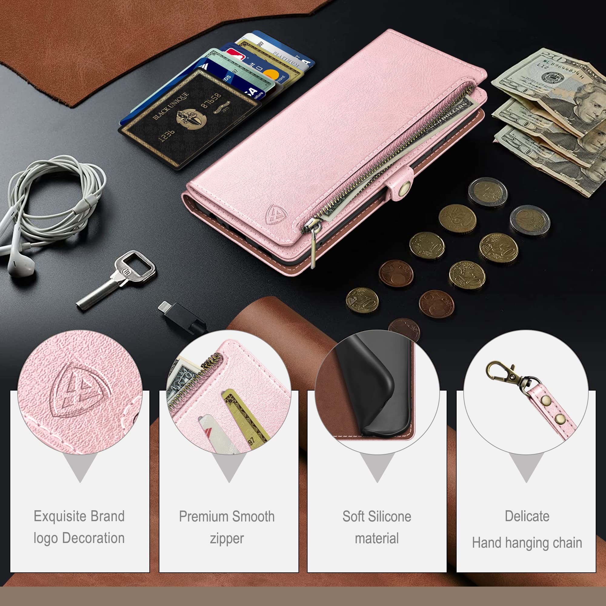 Samsung Galaxy S20 FE Wallet Case with Zipper & RFID Blocking - PU Leather Flip Folio Cover with Credit Card Holder, Shockproof Protection for Women & Men (Rose Gold) | Perfect for Travel, Work & Everyday Use