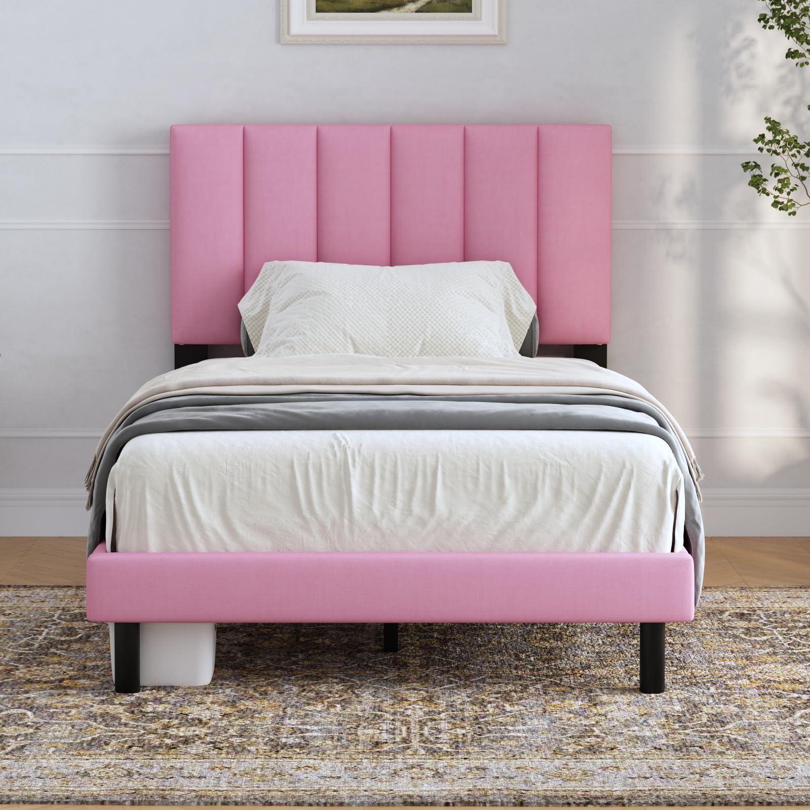 Lukace Twin Bed Frame with Upholstered Headboard - Sturdy Wood Platform Bed, No Box Spring Needed, Easy Assembly, Non-Slip & Noise-Free - Perfect for Kids Rooms, Guest Bedrooms & Small Spaces (Pink)