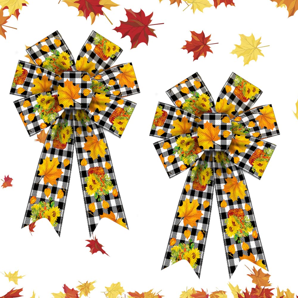 2 Pack Fall Wreath Bows - Thanksgiving Autumn Decor with White Black Buffalo Plaid & Orange Burlap Leaves - Front Door Holiday Decorations for Thanksgiving, Harvest Festival & Seasonal Home Decor