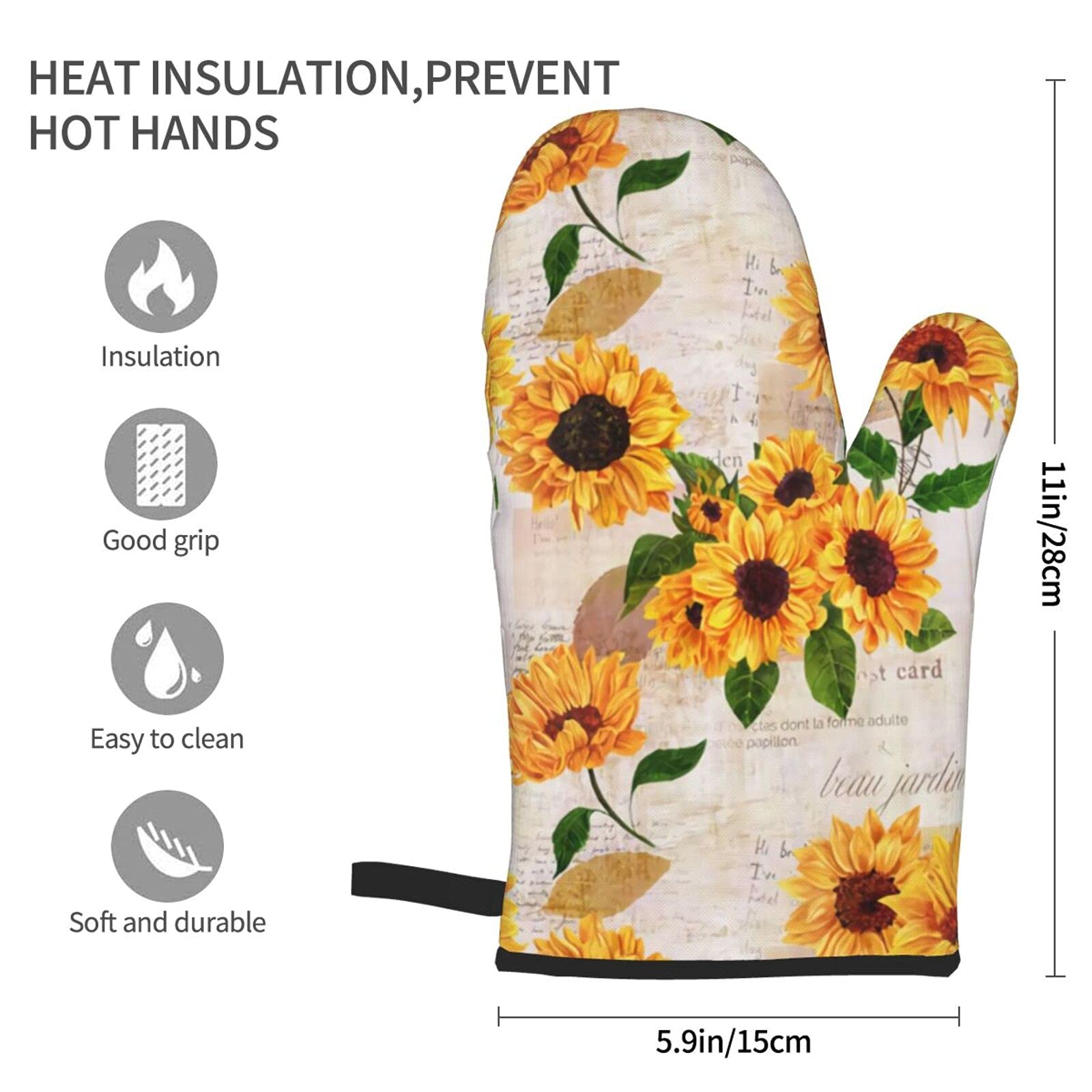 Vintage Yellow Sunflower Oven Mitts - Heat Resistant, Non-Slip & Waterproof Kitchen Gloves with Soft Cotton Lining for Cooking, Baking, BBQ - Perfect for Grilling, Baking Cookies, and Handling Hot Pots (2-Pack)