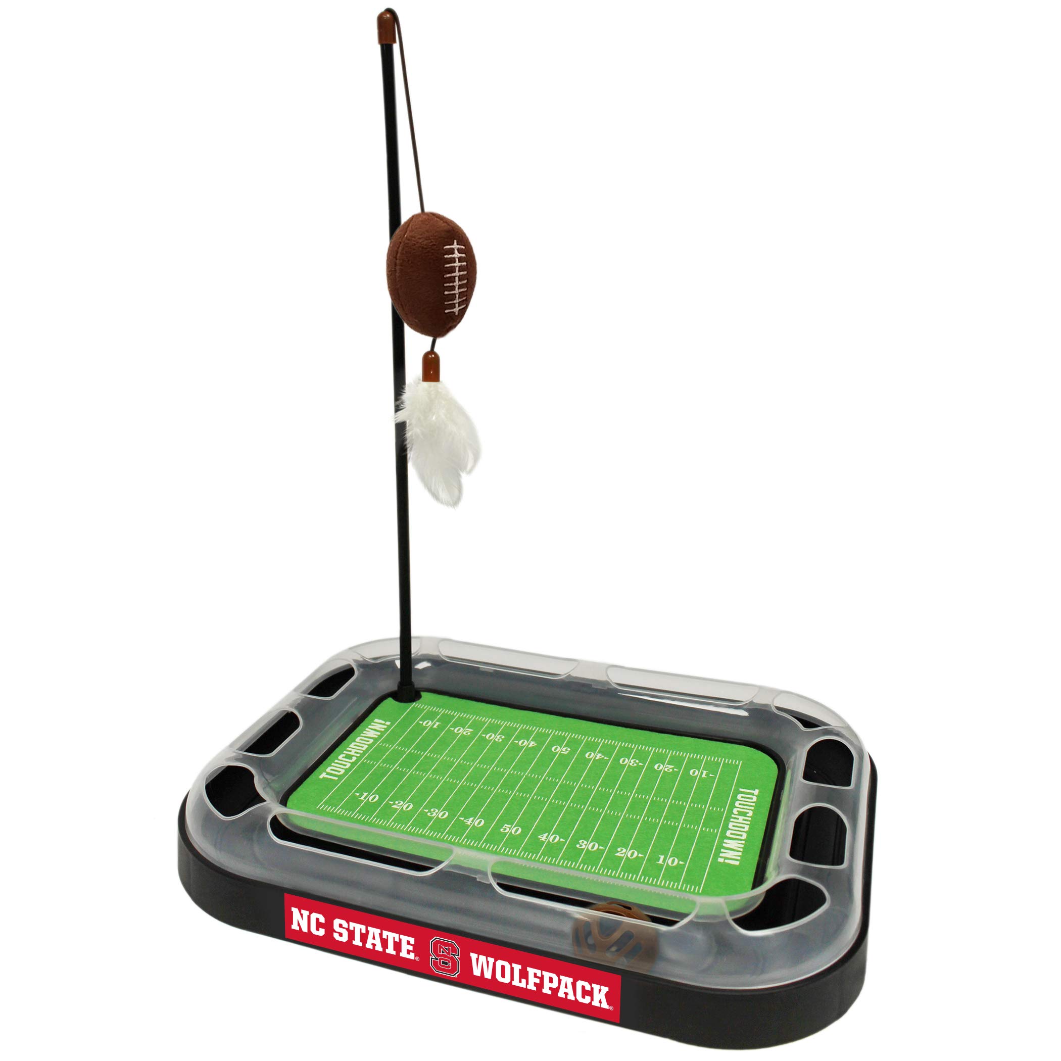 NCAA North Carolina State Wolfpack Football Field Cat Scratching Toy - 5-in-1 Interactive Cat Scratcher with Ball Bell, Catnip Plush Football & Feather Wand - Perfect for Playtime, Training & Stress Relief for Indoor Cats